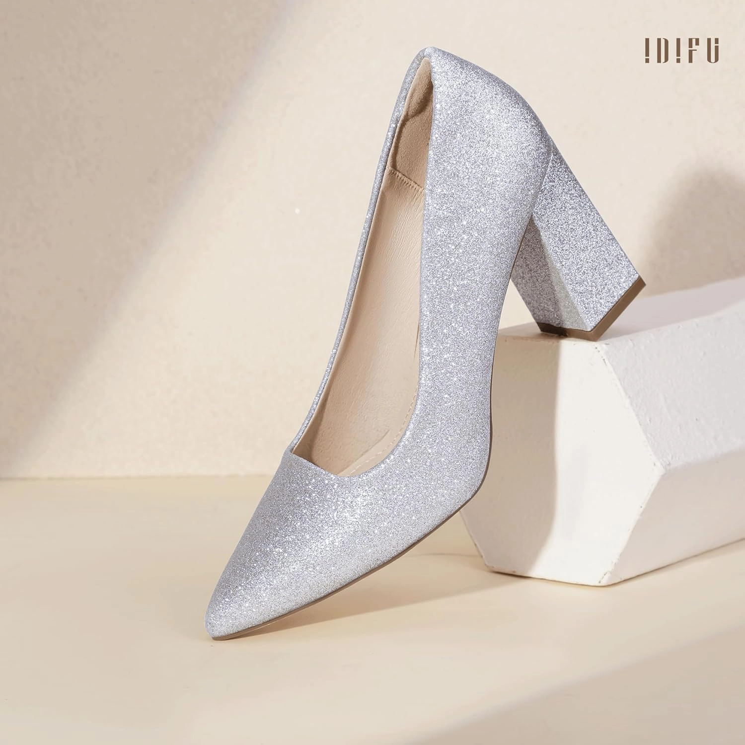 IDIFU IN3 Women's Chunky Block Heels - Pointed Toe Dress Shoes for Women - Dressy Wedding Bride Bridal Prom Work Office Comfortable Thick Heels Pumps Shoes