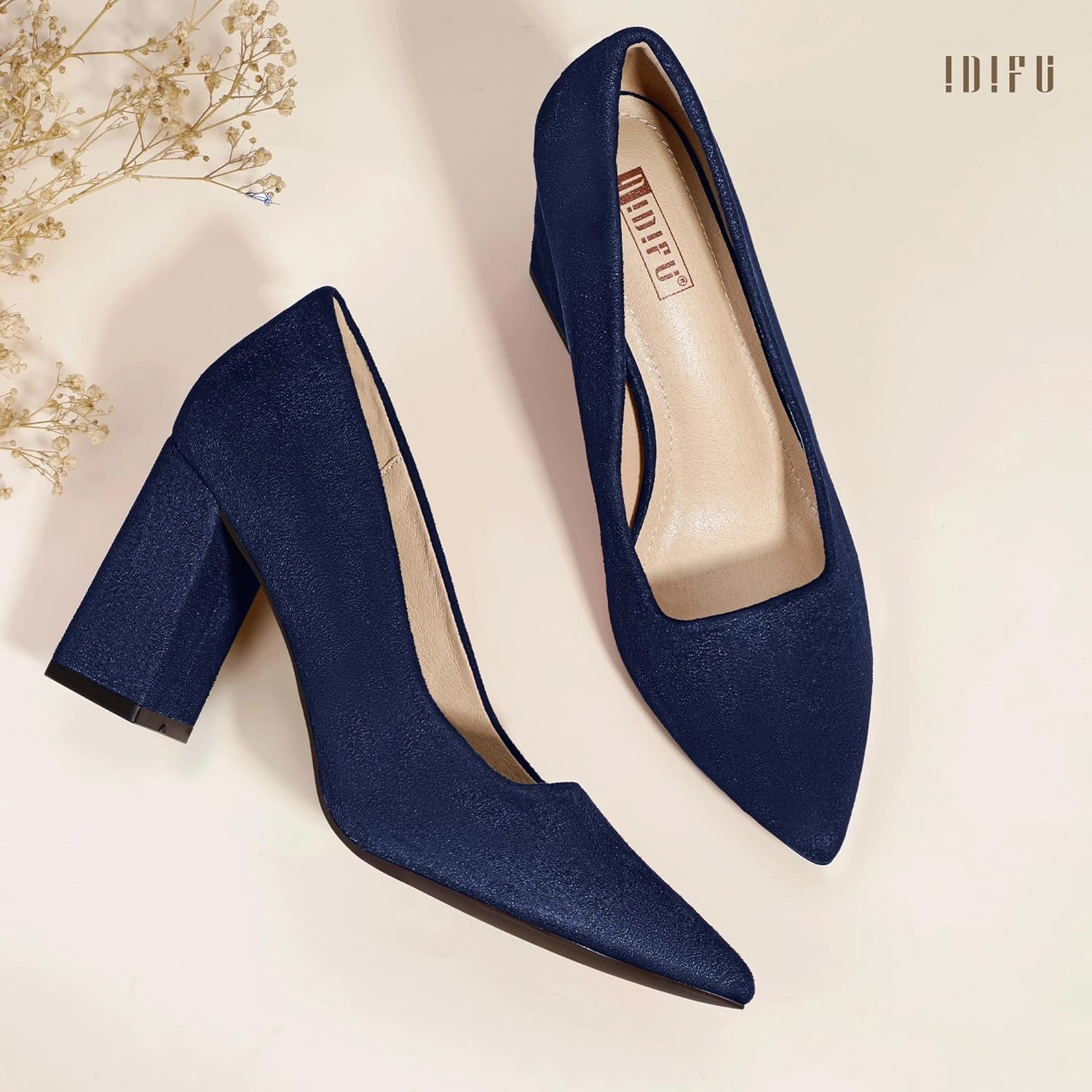 IDIFU IN3 Women's Chunky Block Heels - Pointed Toe Dress Shoes for Women - Dressy Wedding Bride Bridal Prom Work Office Comfortable Thick Heels Pumps Shoes