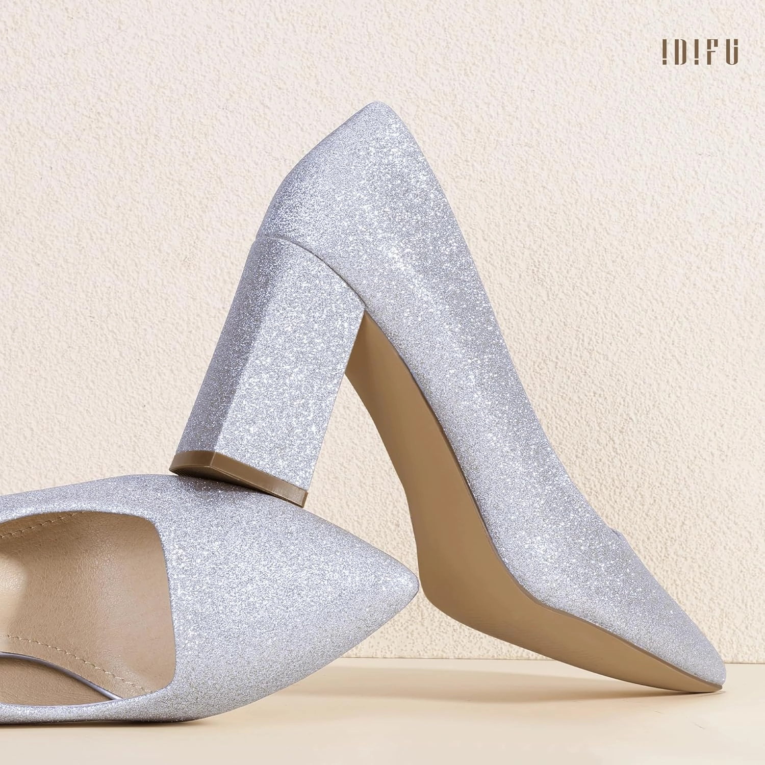 IDIFU IN3 Women's Chunky Block Heels - Pointed Toe Dress Shoes for Women - Dressy Wedding Bride Bridal Prom Work Office Comfortable Thick Heels Pumps Shoes