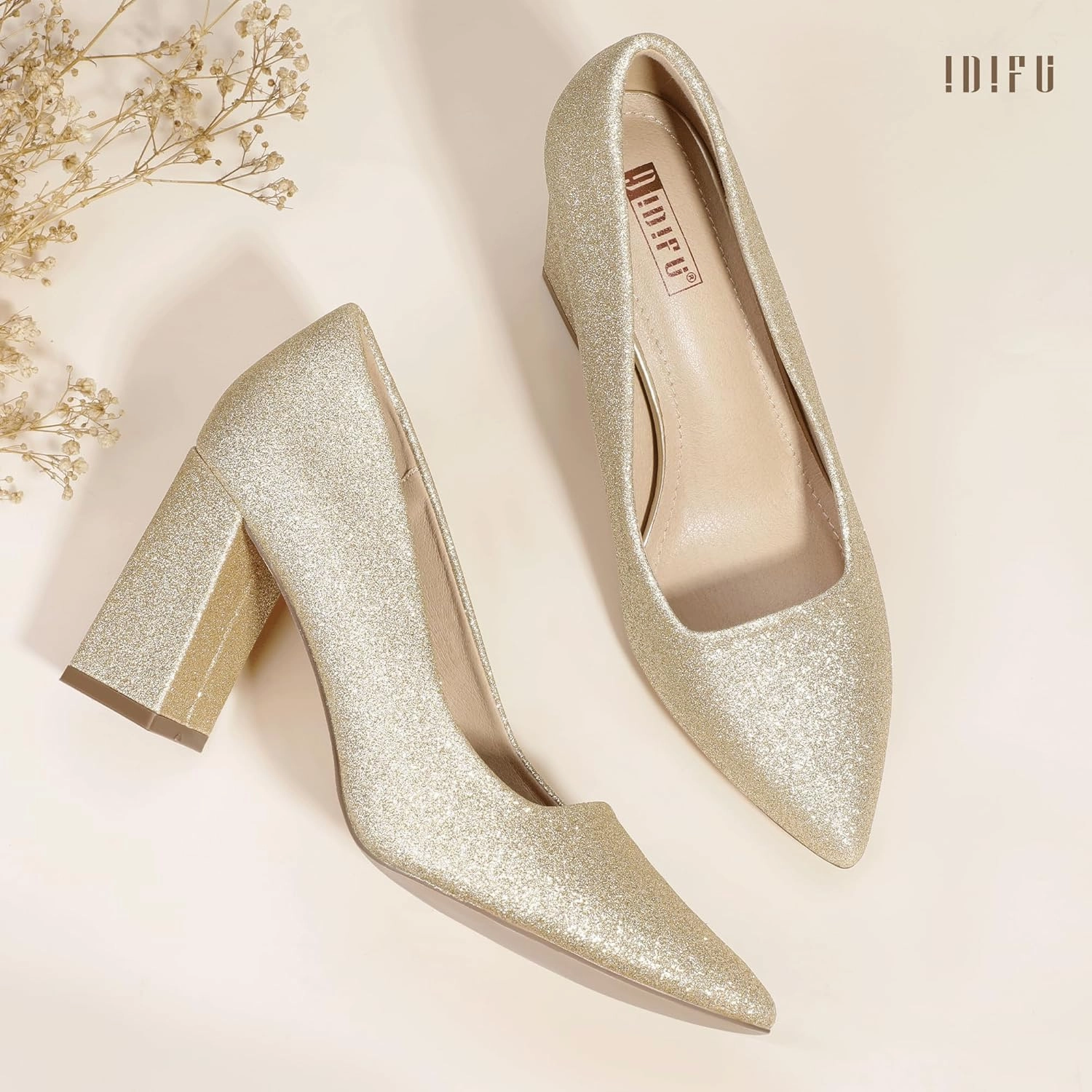 IDIFU IN3 Women's Chunky Block Heels - Pointed Toe Dress Shoes for Women - Dressy Wedding Bride Bridal Prom Work Office Comfortable Thick Heels Pumps Shoes