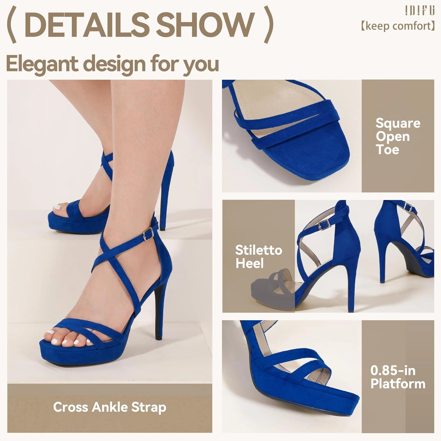 IDIFU IN4 Platform High Heels for Women Strappy Heeled Sandals Square Toe Heels Stiletto Heels Women's Wedding Party Bridal Sexy Dress Shoes Open Toe Heels