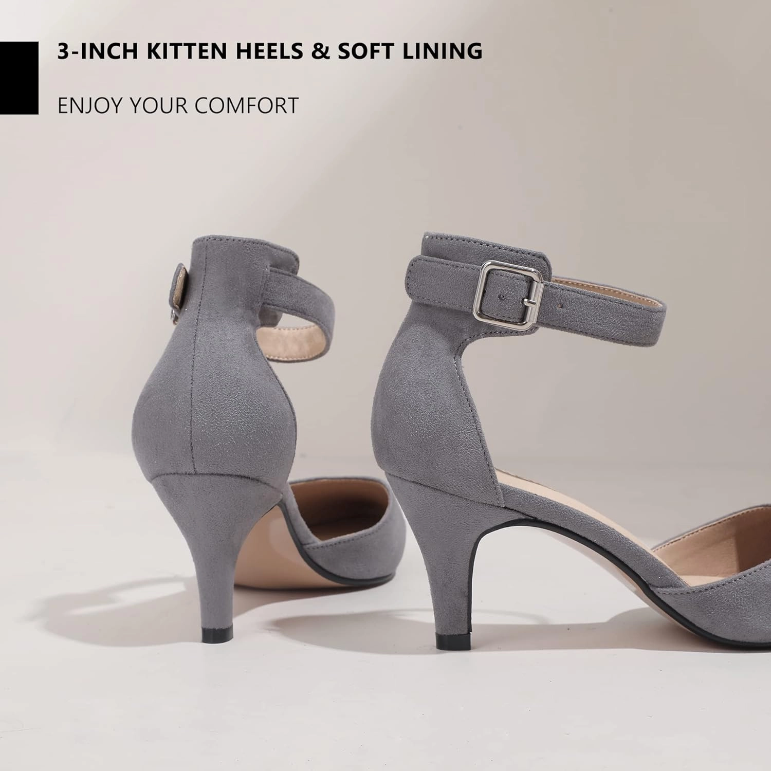 IDIFU Women's IN3 D'Orsay Pumps Low Kitten Heels for Women Dress Shoes Pointed Closed Toe Wedding Bride Ankle Strap Dressy Silver Black Nude White Gold Heels for Women