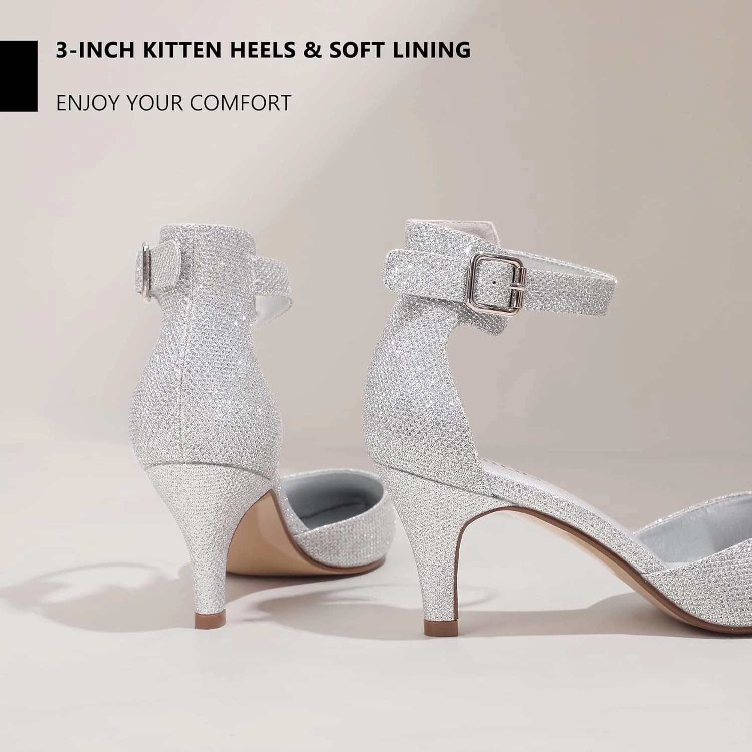IDIFU Women's IN3 D'Orsay Pumps Low Kitten Heels for Women Dress Shoes Pointed Closed Toe Wedding Bride Ankle Strap Dressy Silver Black Nude White Gold Heels for Women