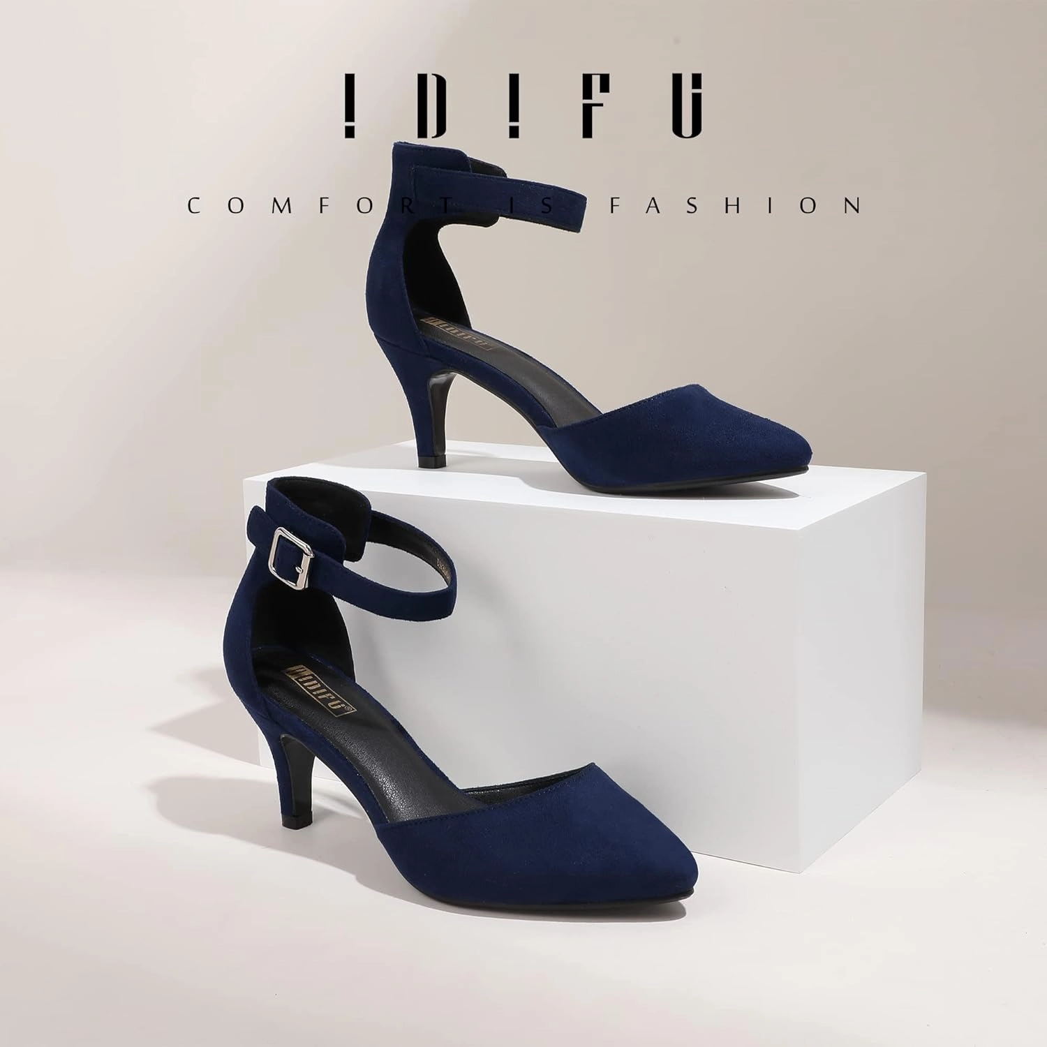 IDIFU Women's IN3 D'Orsay Pumps Low Kitten Heels for Women Dress Shoes Pointed Closed Toe Wedding Bride Ankle Strap Dressy Silver Black Nude White Gold Heels for Women