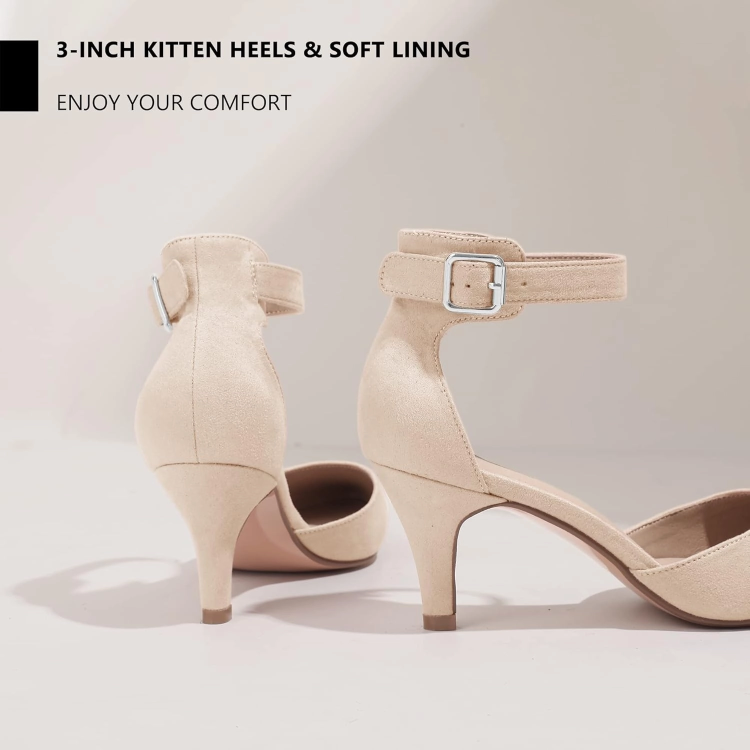 IDIFU Women's IN3 D'Orsay Pumps Low Kitten Heels for Women Dress Shoes Pointed Closed Toe Wedding Bride Ankle Strap Dressy Silver Black Nude White Gold Heels for Women