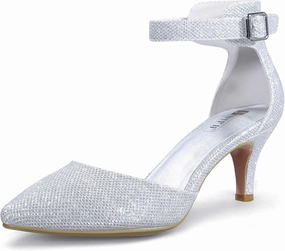 IDIFU Women's IN3 D'Orsay Pumps Low Kitten Heels for Women Dress Shoes Pointed Closed Toe Wedding Bride Ankle Strap Dressy Silver Black Nude White Gold Heels for Women