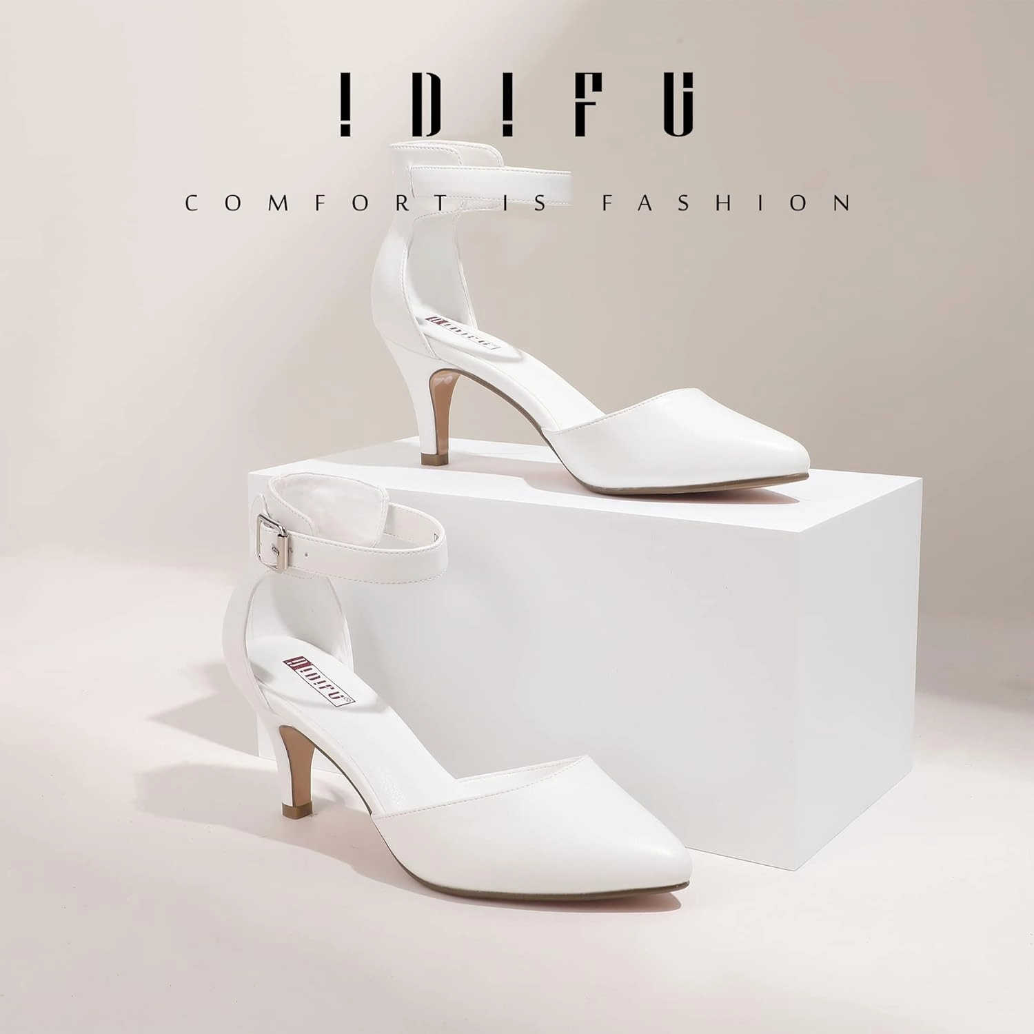 IDIFU Women's IN3 D'Orsay Pumps Low Kitten Heels for Women Dress Shoes Pointed Closed Toe Wedding Bride Ankle Strap Dressy Silver Black Nude White Gold Heels for Women