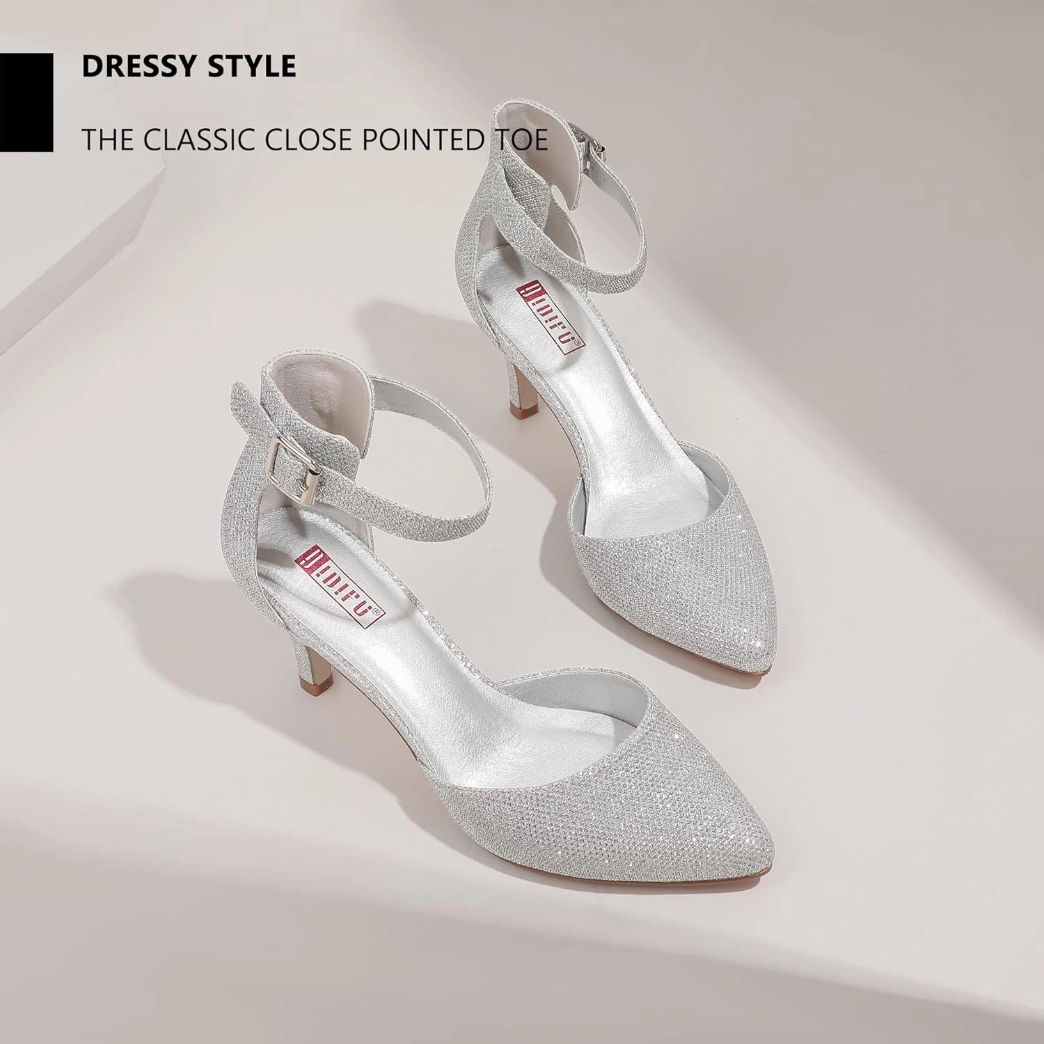 IDIFU Women's IN3 D'Orsay Pumps Low Kitten Heels for Women Dress Shoes Pointed Closed Toe Wedding Bride Ankle Strap Dressy Silver Black Nude White Gold Heels for Women