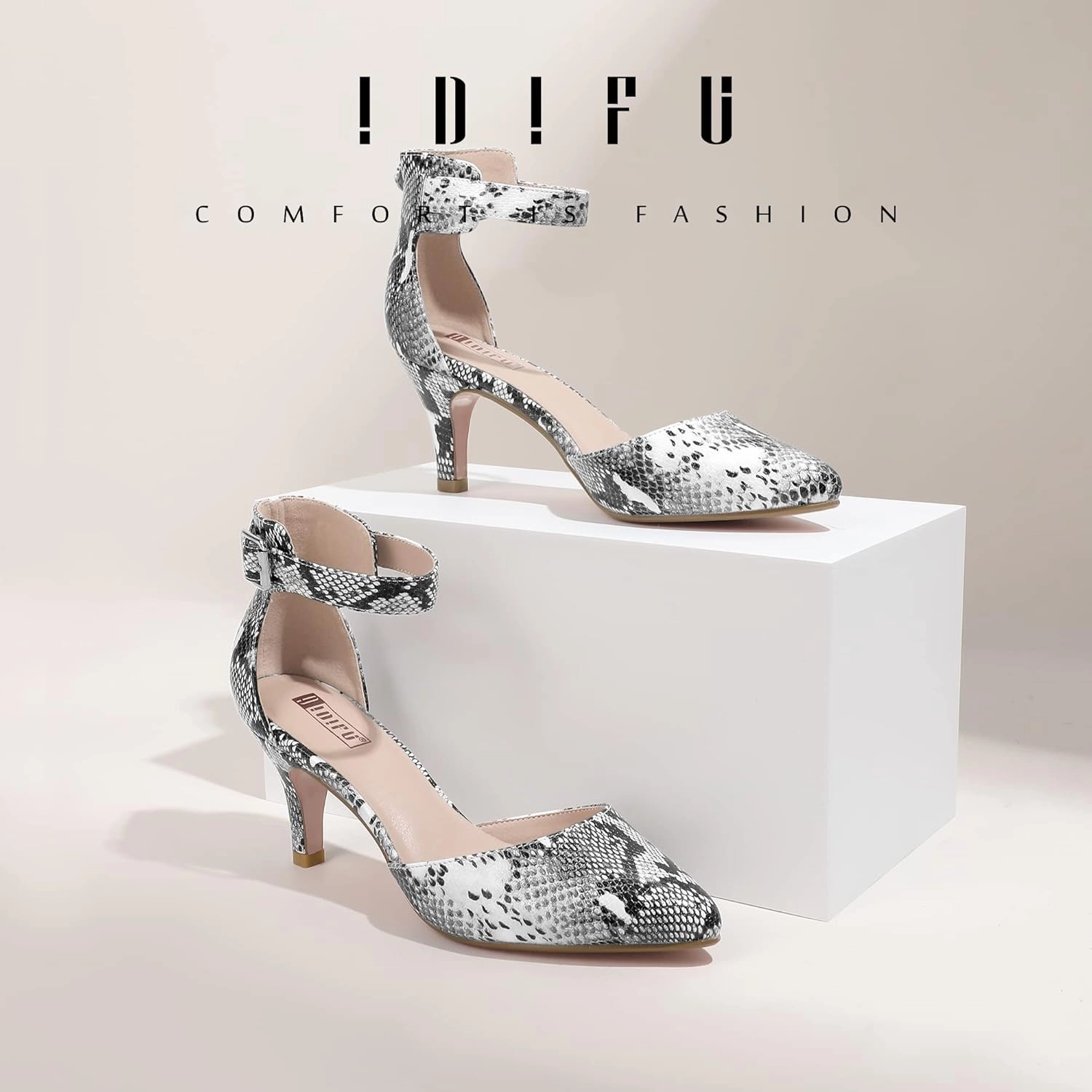 IDIFU Women's IN3 D'Orsay Pumps Low Kitten Heels for Women Dress Shoes Pointed Closed Toe Wedding Bride Ankle Strap Dressy Silver Black Nude White Gold Heels for Women