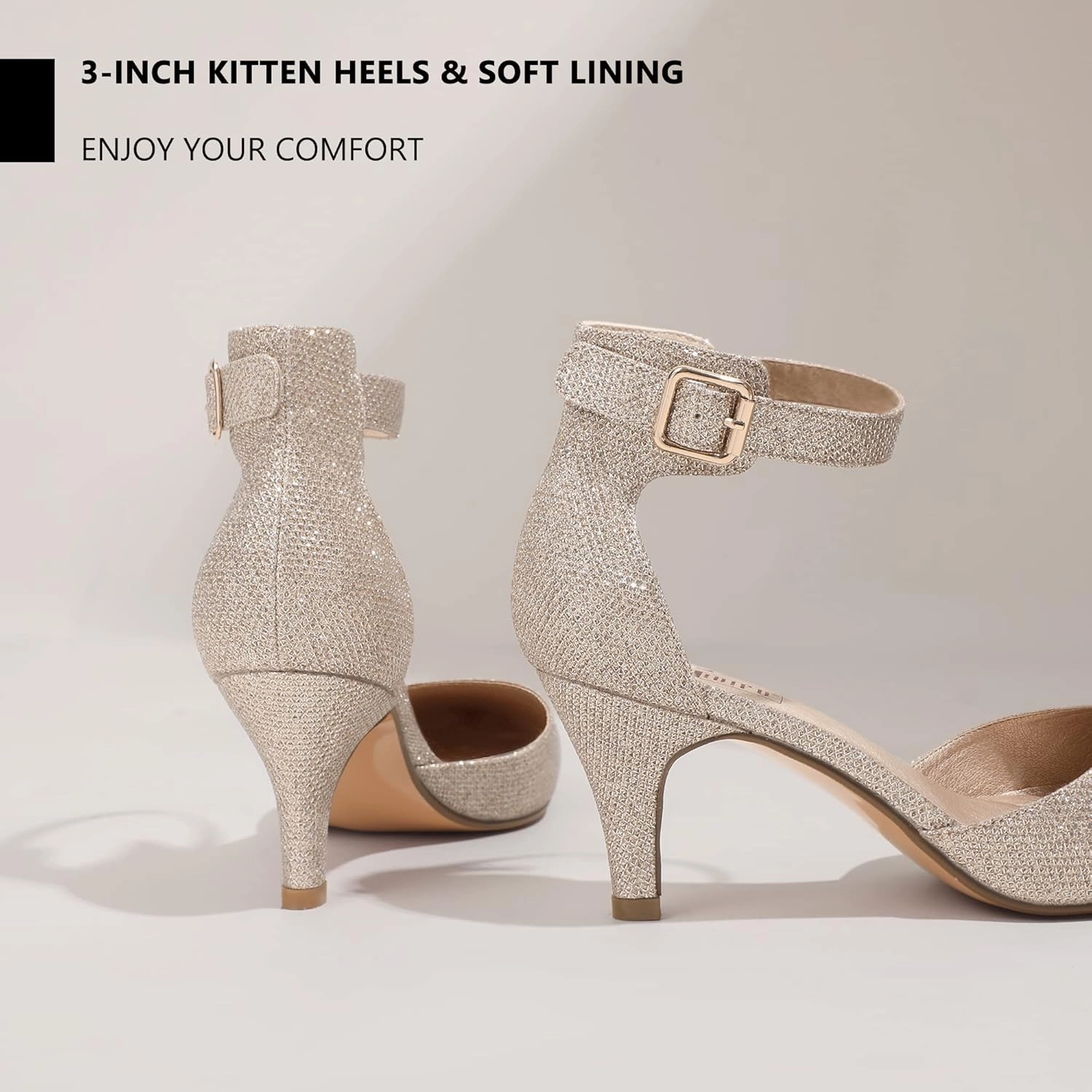 IDIFU Women's IN3 D'Orsay Pumps Low Kitten Heels for Women Dress Shoes Pointed Closed Toe Wedding Bride Ankle Strap Dressy Silver Black Nude White Gold Heels for Women