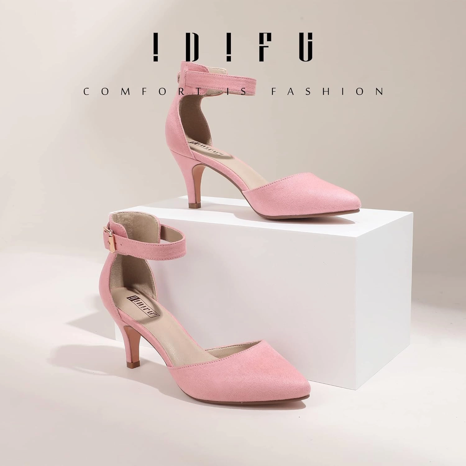 IDIFU Women's IN3 D'Orsay Pumps Low Kitten Heels for Women Dress Shoes Pointed Closed Toe Wedding Bride Ankle Strap Dressy Silver Black Nude White Gold Heels for Women