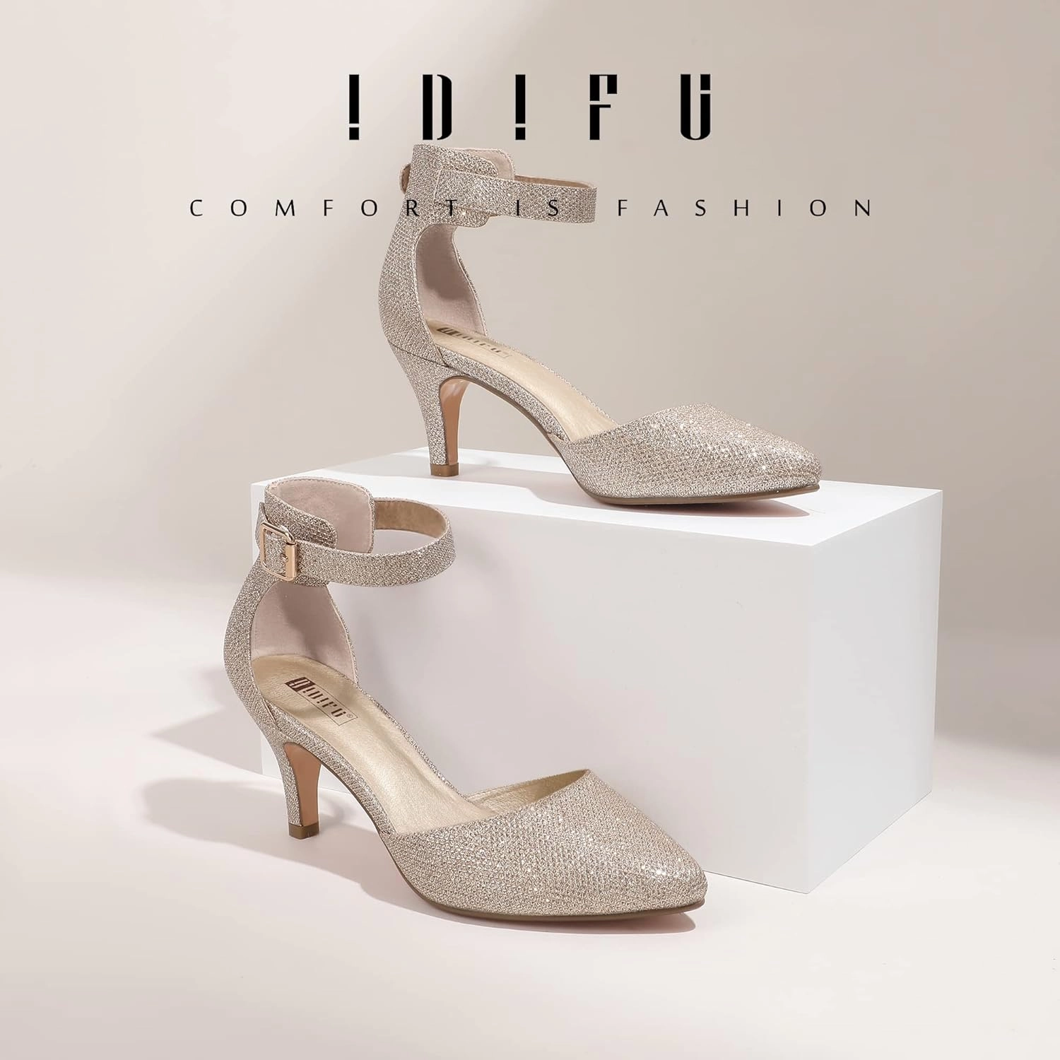 IDIFU Women's IN3 D'Orsay Pumps Low Kitten Heels for Women Dress Shoes Pointed Closed Toe Wedding Bride Ankle Strap Dressy Silver Black Nude White Gold Heels for Women