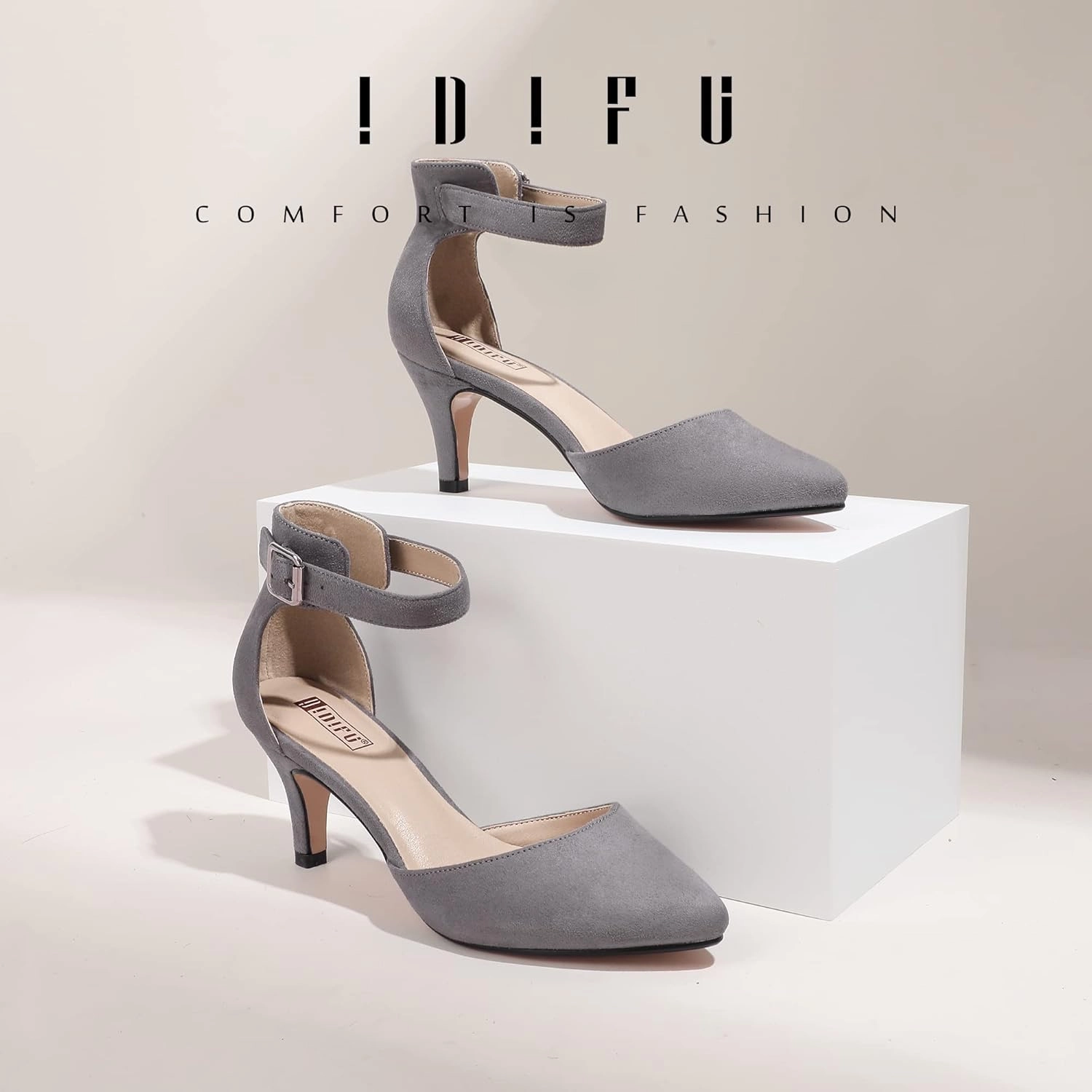 IDIFU Women's IN3 D'Orsay Pumps Low Kitten Heels for Women Dress Shoes Pointed Closed Toe Wedding Bride Ankle Strap Dressy Silver Black Nude White Gold Heels for Women