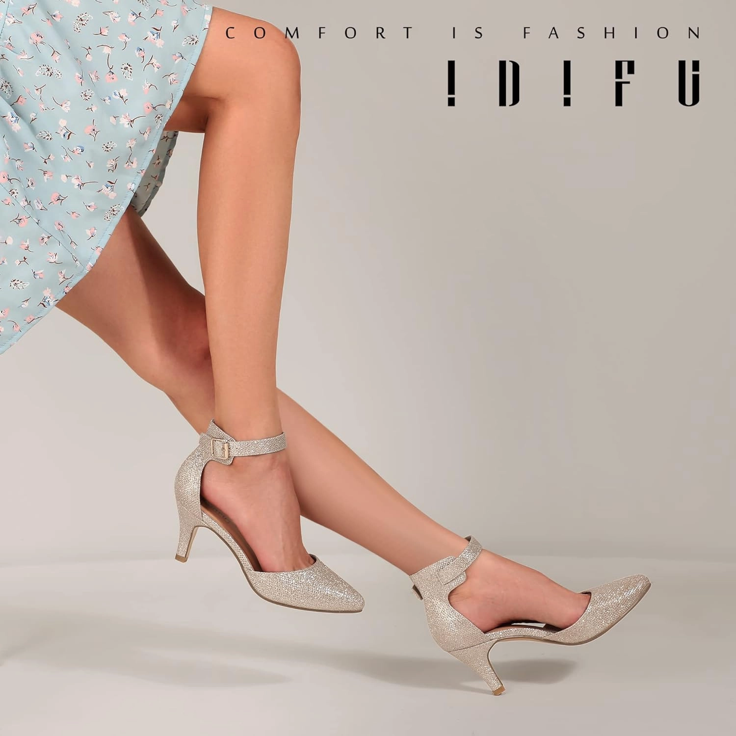 IDIFU Women's IN3 D'Orsay Pumps Low Kitten Heels for Women Dress Shoes Pointed Closed Toe Wedding Bride Ankle Strap Dressy Silver Black Nude White Gold Heels for Women