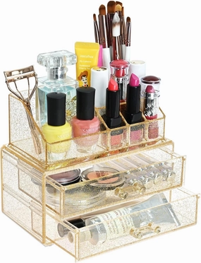 Ikee Design Acrylic Makeup Organizer with 2 Drawers Removable Top Lipstick Holders, Cosmetics Organizer for Skincare, Accessories, Lip Gloss for Vanity or Bathroom Countertop, Gold Glitter