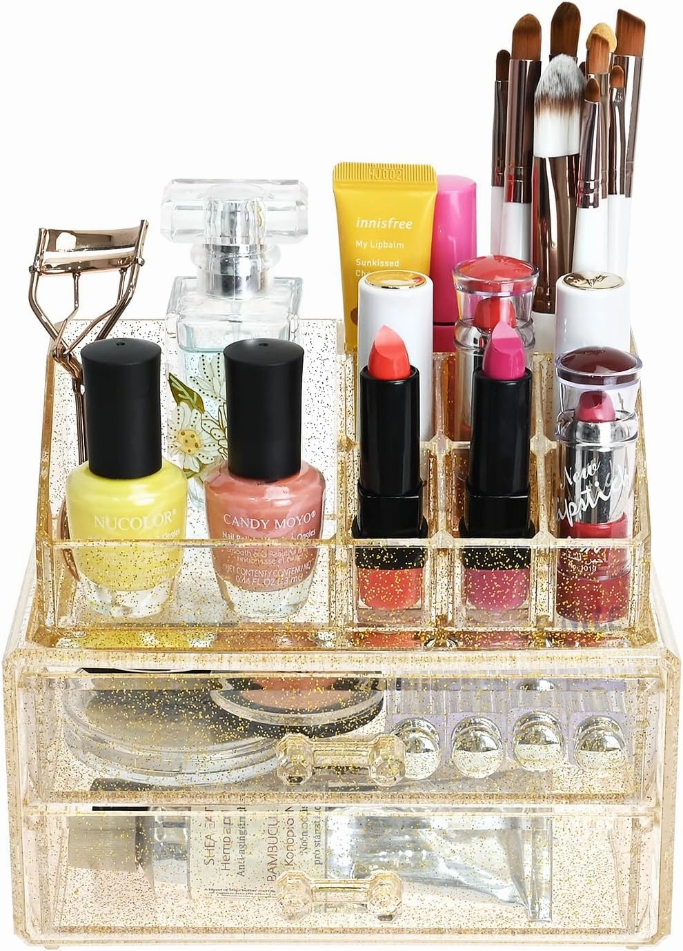 Ikee Design Acrylic Makeup Organizer with 2 Drawers Removable Top Lipstick Holders, Cosmetics Organizer for Skincare, Accessories, Lip Gloss for Vanity or Bathroom Countertop, Gold Glitter