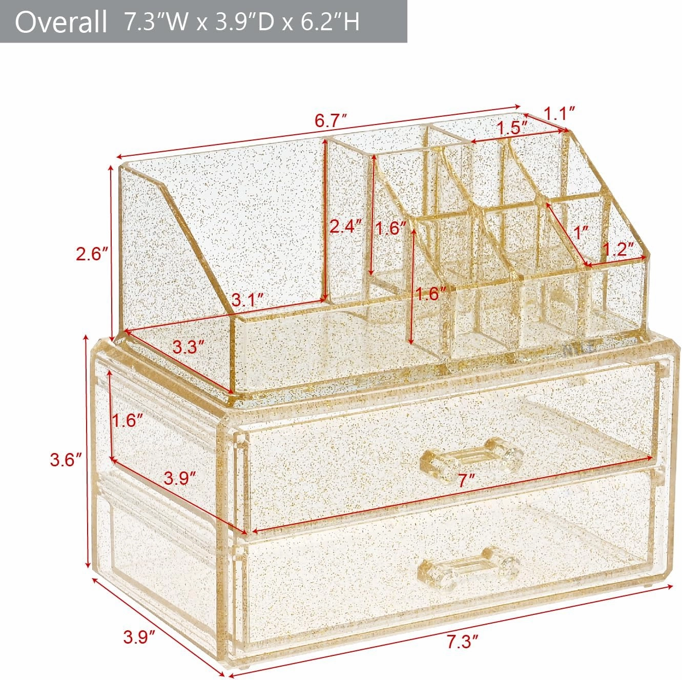 Ikee Design Acrylic Makeup Organizer with 2 Drawers Removable Top Lipstick Holders, Cosmetics Organizer for Skincare, Accessories, Lip Gloss for Vanity or Bathroom Countertop, Gold Glitter