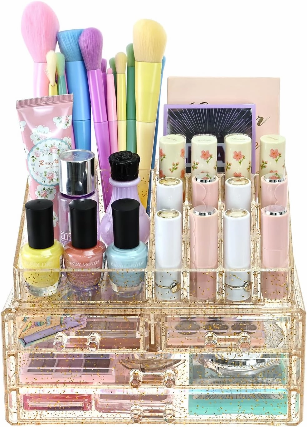 Ikee Design Acrylic Makeup Organizer with 4 Drawers Removable Top Lipstick Holders, Cosmetics Organizer for Skincare, Accessories, Lip Gloss for Vanity or Bathroom Countertop, Gold Glitter