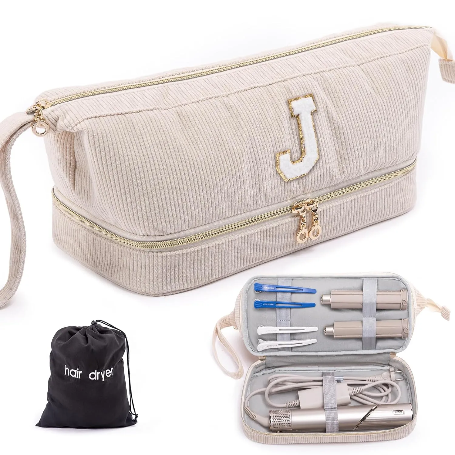 Initial Personalized Hair Dryer Case,Double-Layer Hair Tools Travel Carrying Case for Shark FlexStyle/SmoothStyle with Hair Dryer Bag - Hair Air Wrap Dryer Case Flat Curling Iron Travel Organizer