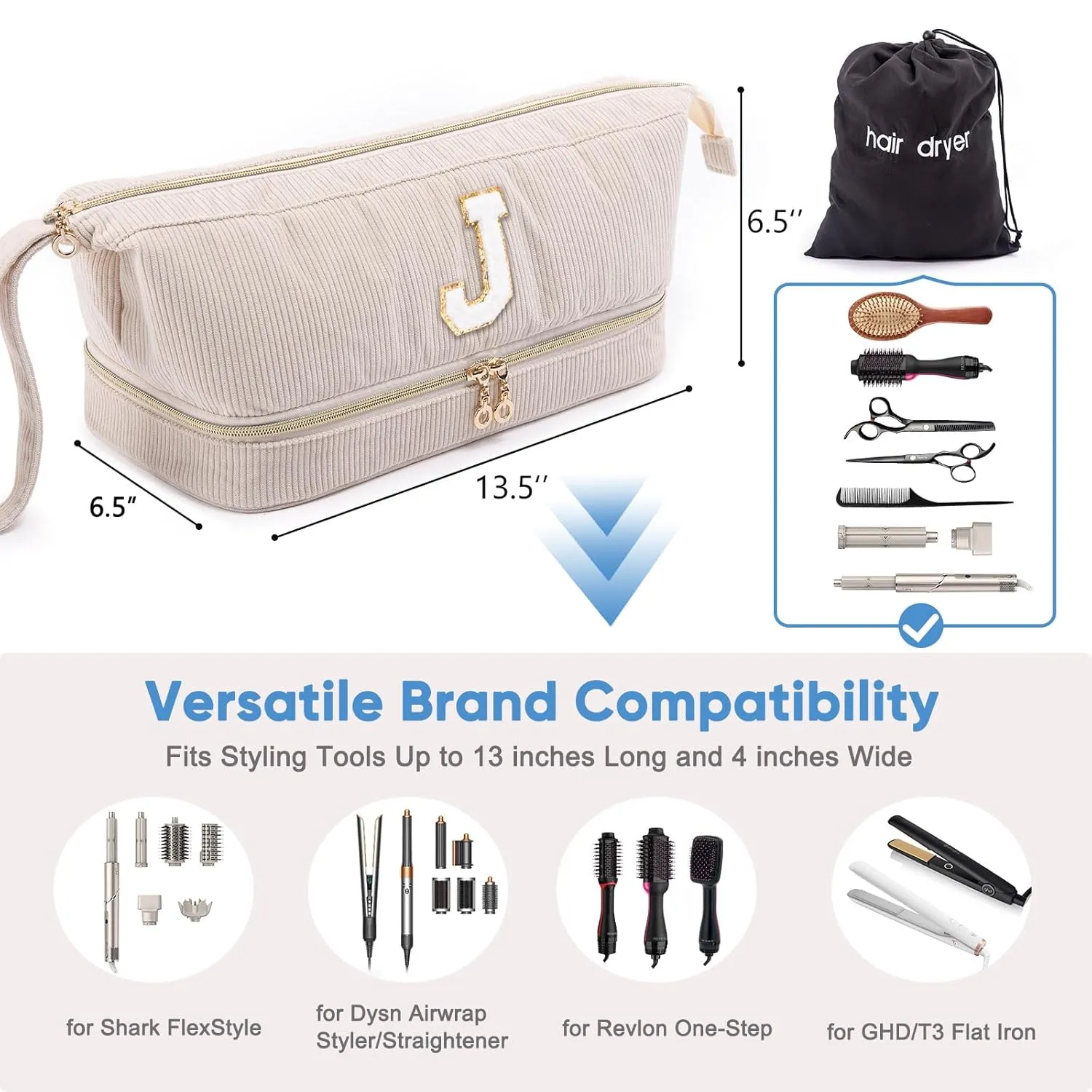 Initial Personalized Hair Dryer Case,Double-Layer Hair Tools Travel Carrying Case for Shark FlexStyle/SmoothStyle with Hair Dryer Bag - Hair Air Wrap Dryer Case Flat Curling Iron Travel Organizer