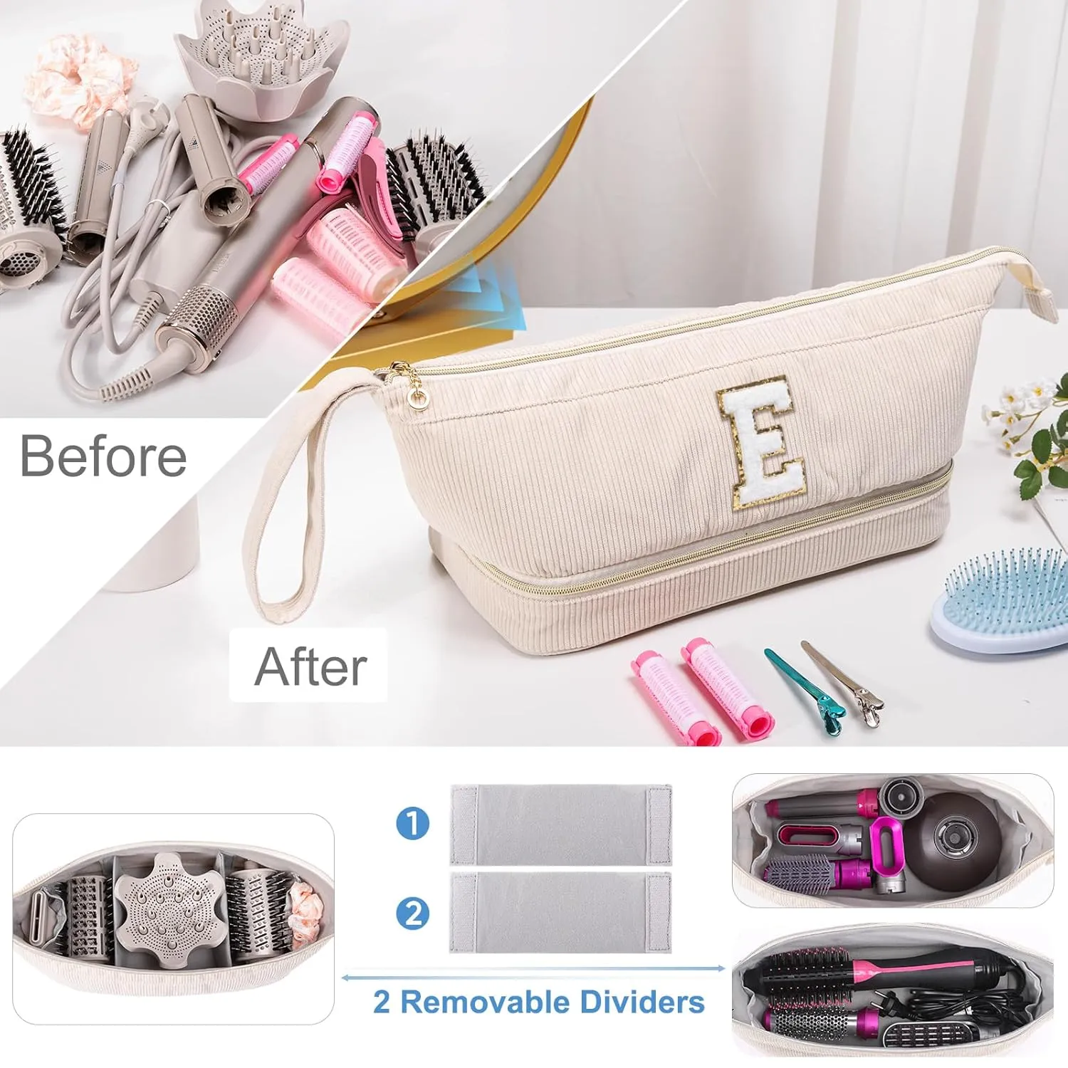 Initial Personalized Hair Dryer Case,Double-Layer Hair Tools Travel Carrying Case for Shark FlexStyle/SmoothStyle with Hair Dryer Bag - Hair Air Wrap Dryer Case Flat Curling Iron Travel Organizer