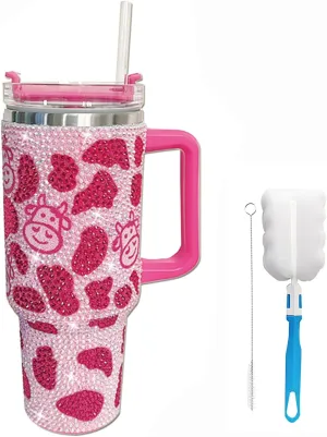 INSTOME 40oz Cow Bling Rhinestone Tumbler with Handle - Sparkling Glitter Cow Print Stainless Steel Cup, Insulated Sippy Cup for Women, Trendy Water Bottle for Daily Hydration, Gym (Pink)