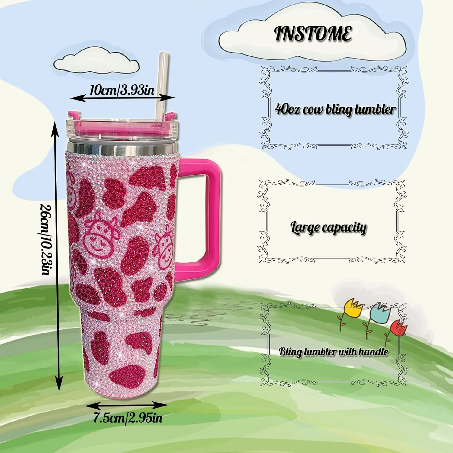 INSTOME 40oz Cow Bling Rhinestone Tumbler with Handle - Sparkling Glitter Cow Print Stainless Steel Cup, Insulated Sippy Cup for Women, Trendy Water Bottle for Daily Hydration, Gym (Pink)
