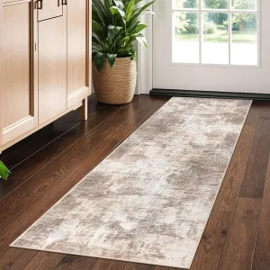 IOHOUZE Abstract Runner Rug 2x5 Ft Washable Runners for Hallways, Non Slip Kitchen Runner Printed Faux Wool Entryway Runner Indoor, Modern Abstract Floor Carpet for Hall Kitchen Bedroom, Beige Brown