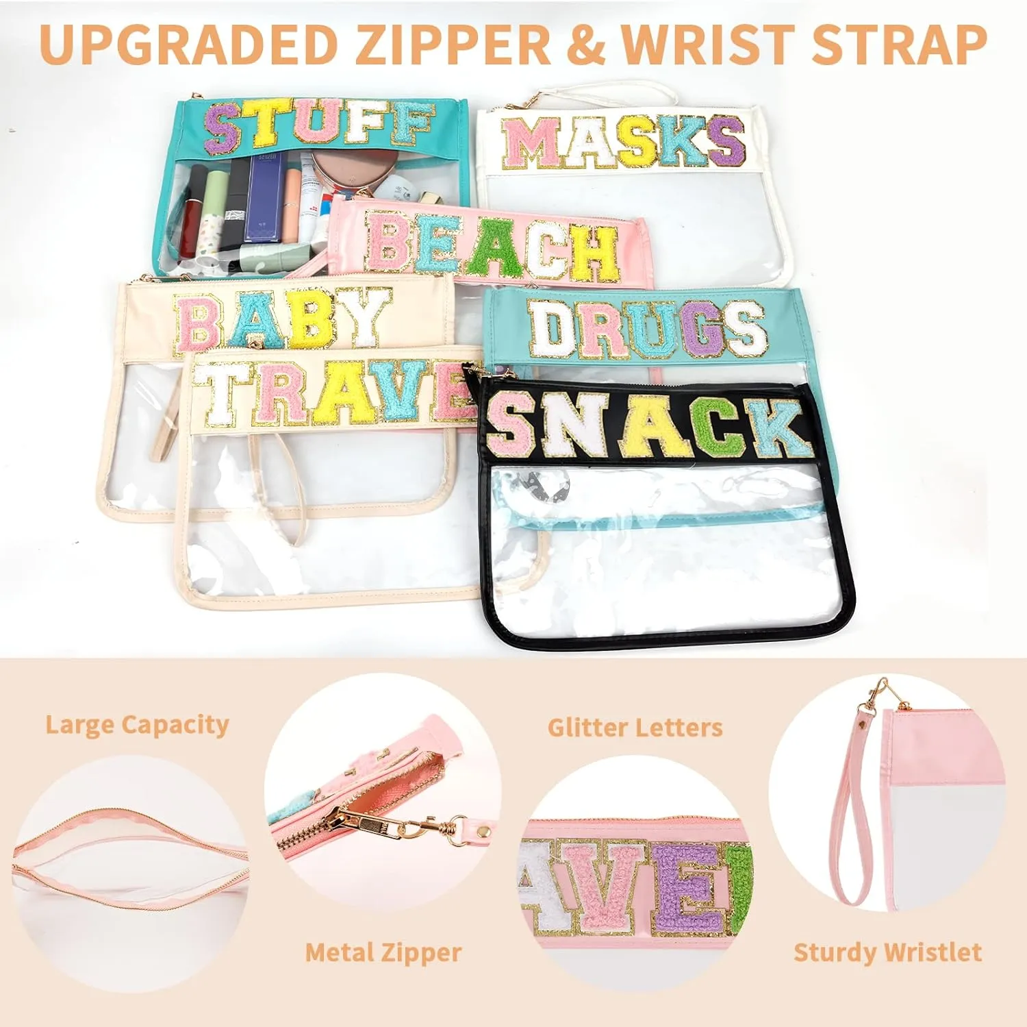 Iqimott Monogram Letter Clear Bag Purse, Chenille Glitter Letter Makeup Cosmetic Bag Patch Zipper Toiletry Pouch, Portable Travel Beach Snack Wristlet Bag for Women Girls(Travel, Pink)