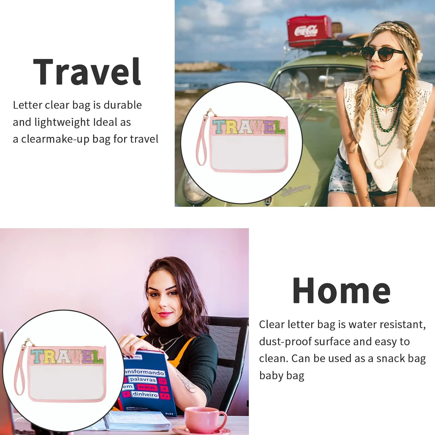 Iqimott Monogram Letter Clear Bag Purse, Chenille Glitter Letter Makeup Cosmetic Bag Patch Zipper Toiletry Pouch, Portable Travel Beach Snack Wristlet Bag for Women Girls(Travel, Pink)
