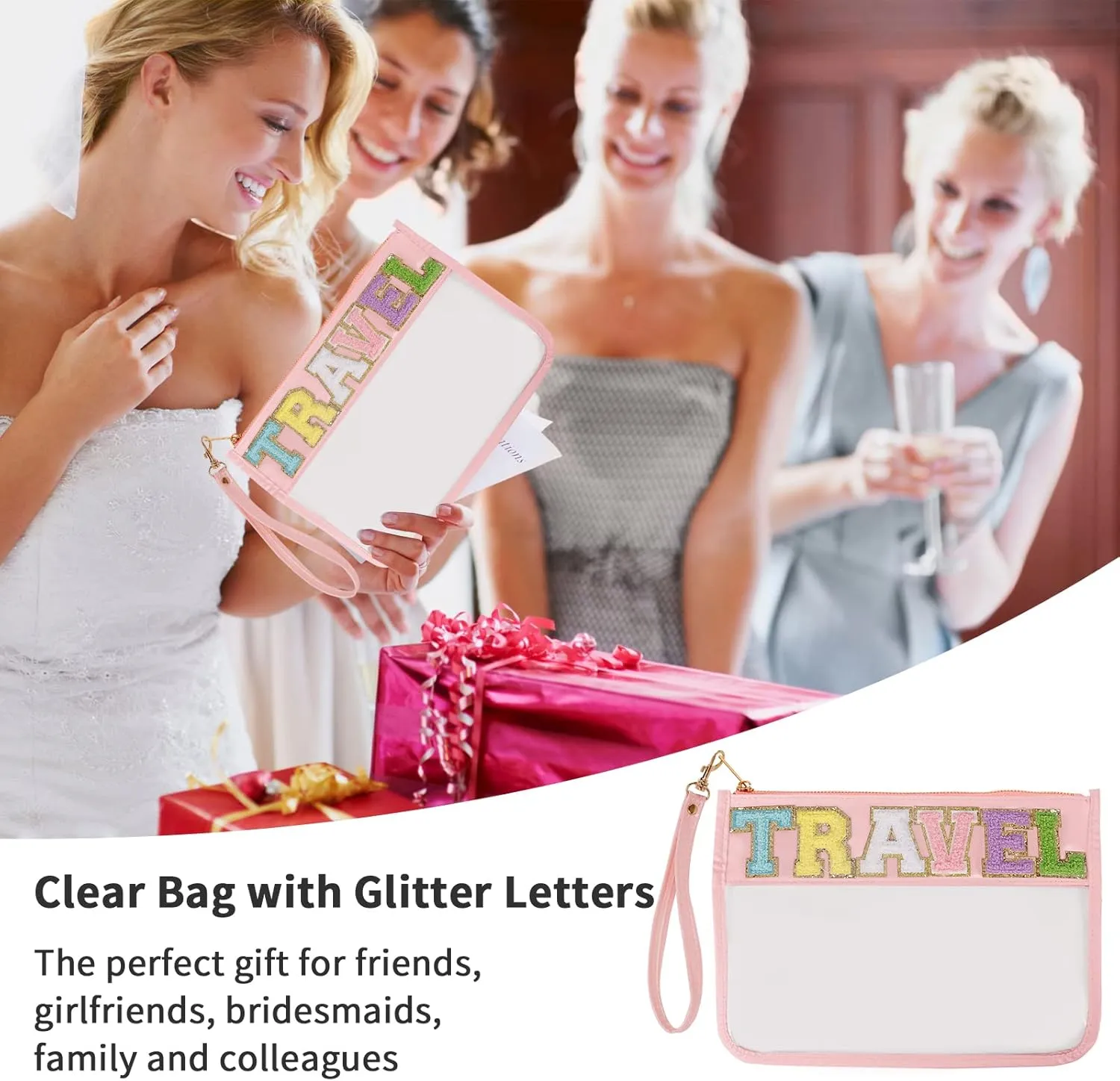 Iqimott Monogram Letter Clear Bag Purse, Chenille Glitter Letter Makeup Cosmetic Bag Patch Zipper Toiletry Pouch, Portable Travel Beach Snack Wristlet Bag for Women Girls(Travel, Pink)
