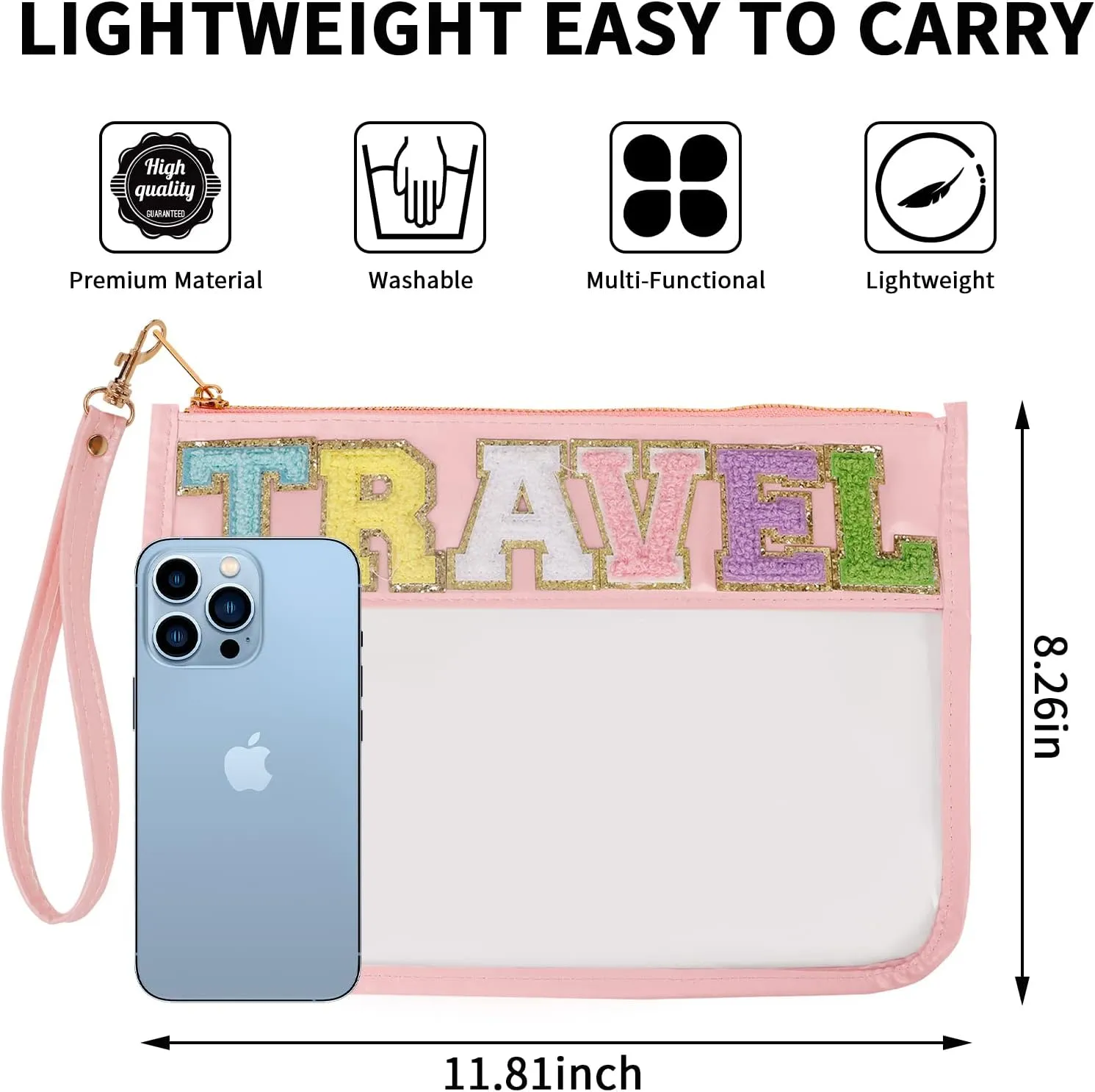 Iqimott Monogram Letter Clear Bag Purse, Chenille Glitter Letter Makeup Cosmetic Bag Patch Zipper Toiletry Pouch, Portable Travel Beach Snack Wristlet Bag for Women Girls(Travel, Pink)
