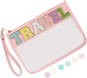Iqimott Monogram Letter Clear Bag Purse, Chenille Glitter Letter Makeup Cosmetic Bag Patch Zipper Toiletry Pouch, Portable Travel Beach Snack Wristlet Bag for Women Girls(Travel, Pink)