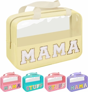 Iqimott Chenille Letter Patch Mama Bag, Preppy Clear Makeup Cosmetic Bag Large Toiletry Storage Tote Bag with Handle, Transparent Nylon Waterproof Organizer Zipper Pouch for Travel Women Girls(Beige)