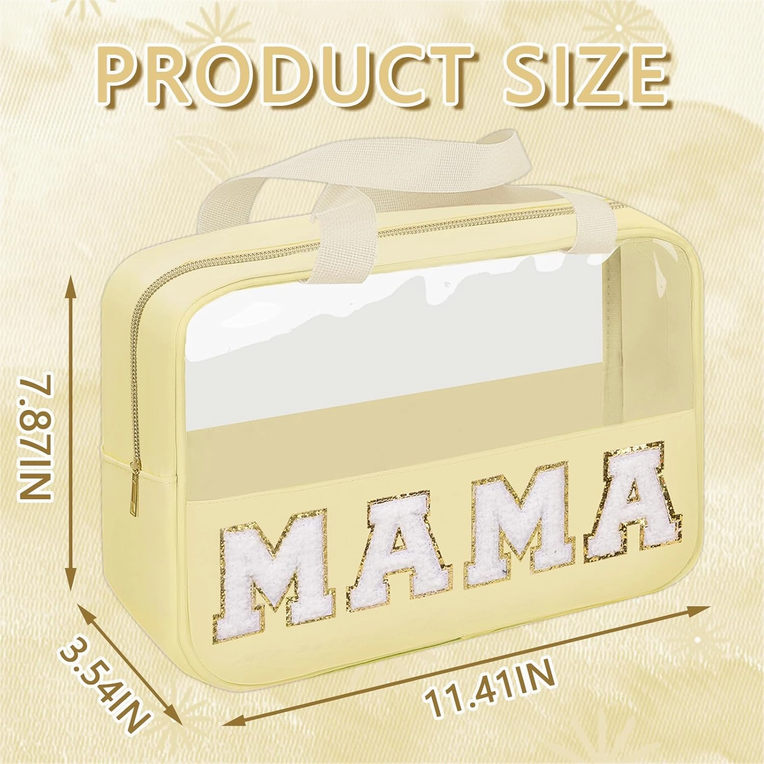 Iqimott Chenille Letter Patch Mama Bag, Preppy Clear Makeup Cosmetic Bag Large Toiletry Storage Tote Bag with Handle, Transparent Nylon Waterproof Organizer Zipper Pouch for Travel Women Girls(Beige)