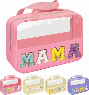 Iqimott Chenille Letter Patch Mama Bag, Preppy Clear Makeup Cosmetic Bag Large Toiletry Storage Tote Bag with Handle, Transparent Nylon Waterproof Organizer Zipper Pouch for Travel Women Girls(Pink)