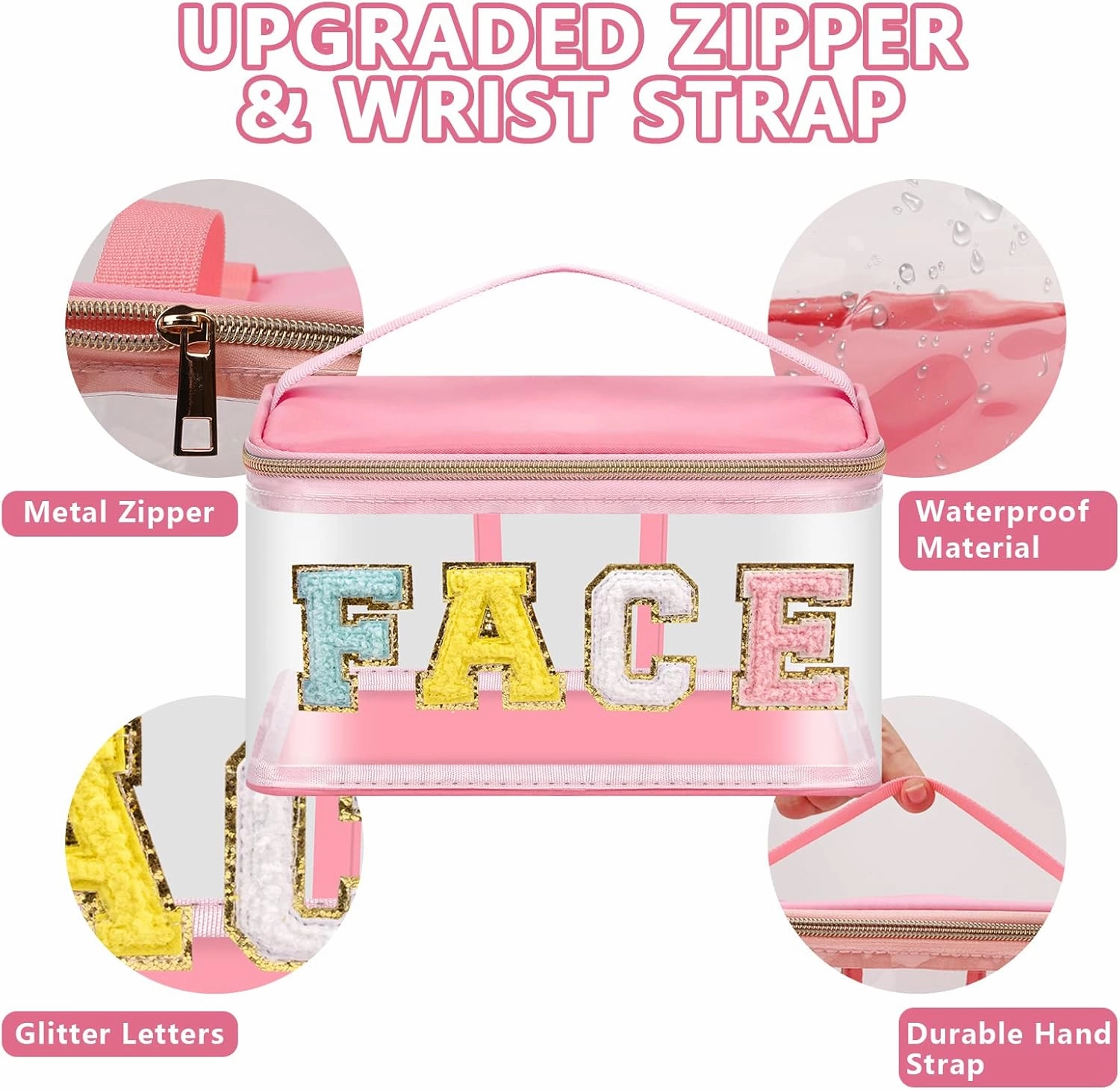 Iqimott Preppy Clear Makeup Cosmetic Bag for Women Travel, Nylon PVC Chenille Glitter Letter Toiletry Storage Tote Bag, Transparent Waterproof Organizer Zipper Pouch with Handle(Face, Pink)