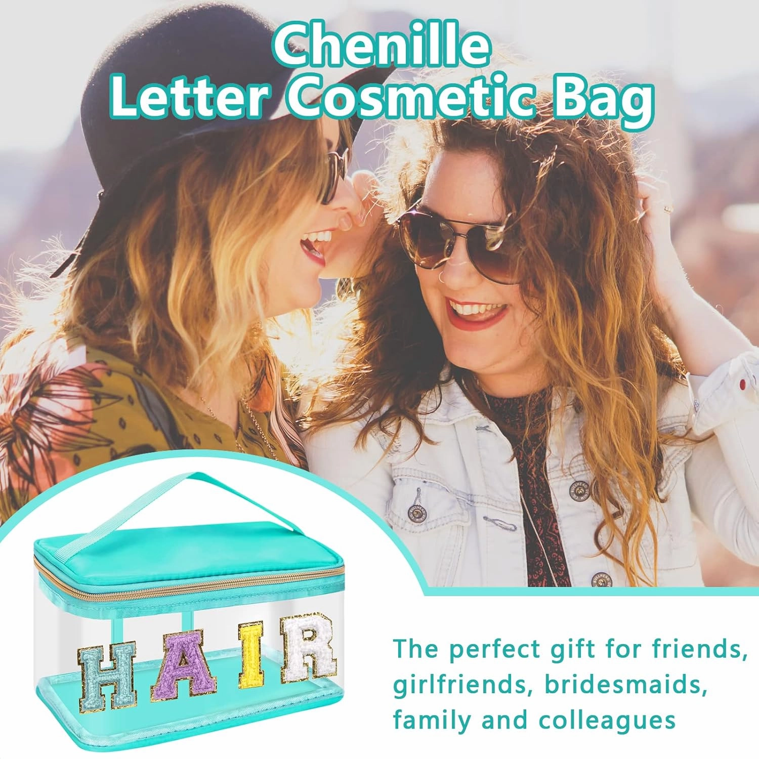 Iqimott Preppy Clear Makeup Cosmetic Bag for Women Travel, Nylon PVC Chenille Glitter Letter Toiletry Storage Tote Bag, Transparent Waterproof Organizer Zipper Pouch with Handle(Hair, Green)