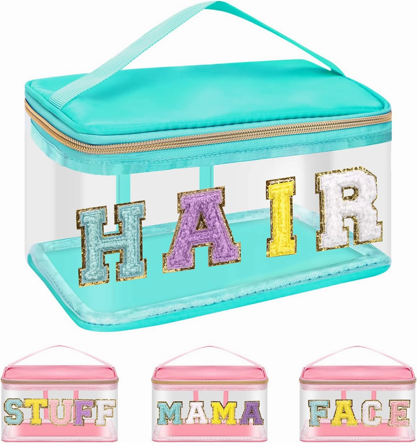Iqimott Preppy Clear Makeup Cosmetic Bag for Women Travel, Nylon PVC Chenille Glitter Letter Toiletry Storage Tote Bag, Transparent Waterproof Organizer Zipper Pouch with Handle(Hair, Green)