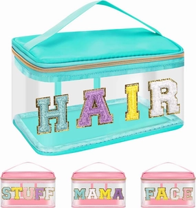 Iqimott Preppy Clear Makeup Cosmetic Bag for Women Travel, Nylon PVC Chenille Glitter Letter Toiletry Storage Tote Bag, Transparent Waterproof Organizer Zipper Pouch with Handle(Hair, Green)