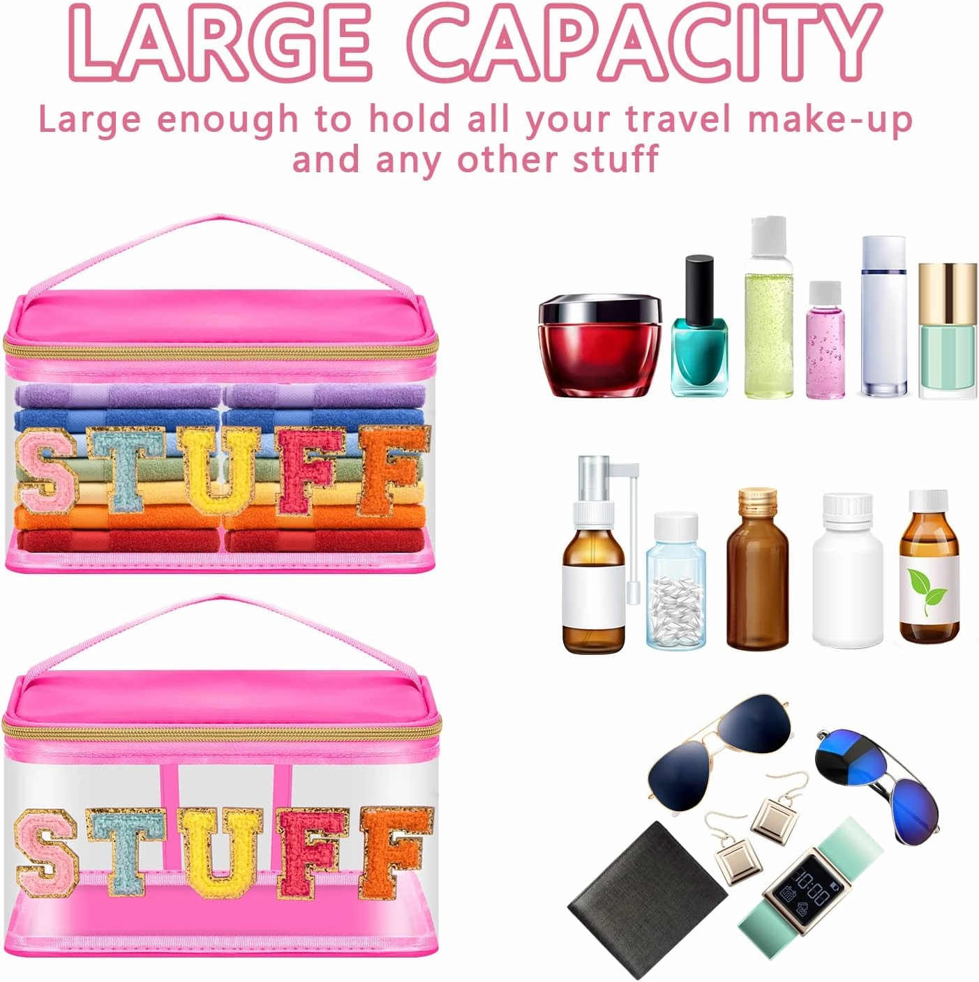 Iqimott Preppy Clear Makeup Cosmetic Bag for Women Travel, Nylon PVC Chenille Glitter Letter Toiletry Storage Tote Bag, Transparent Waterproof Organizer Zipper Pouch with Handle(Stuff, RoseRed)