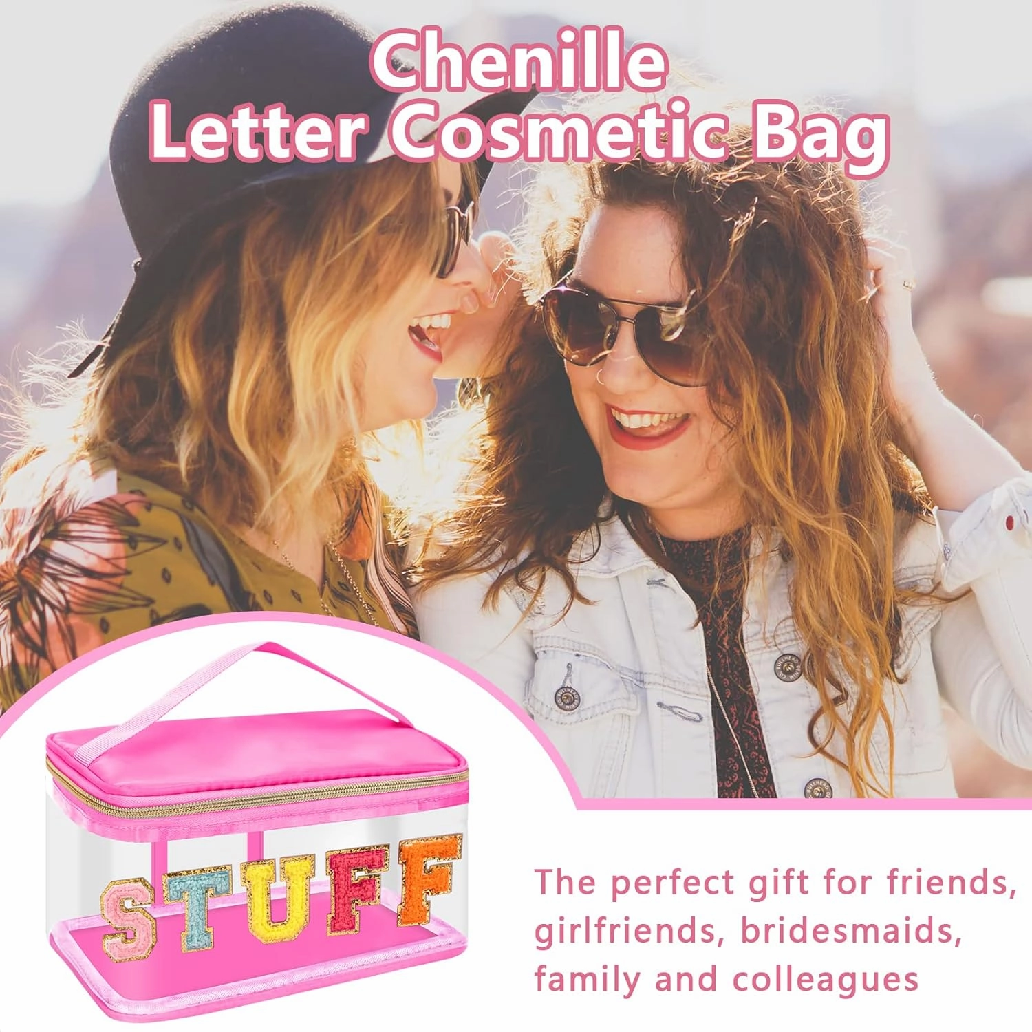 Iqimott Preppy Clear Makeup Cosmetic Bag for Women Travel, Nylon PVC Chenille Glitter Letter Toiletry Storage Tote Bag, Transparent Waterproof Organizer Zipper Pouch with Handle(Stuff, RoseRed)