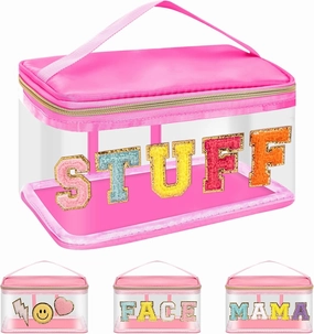 Iqimott Preppy Clear Makeup Cosmetic Bag for Women Travel, Nylon PVC Chenille Glitter Letter Toiletry Storage Tote Bag, Transparent Waterproof Organizer Zipper Pouch with Handle(Stuff, RoseRed)