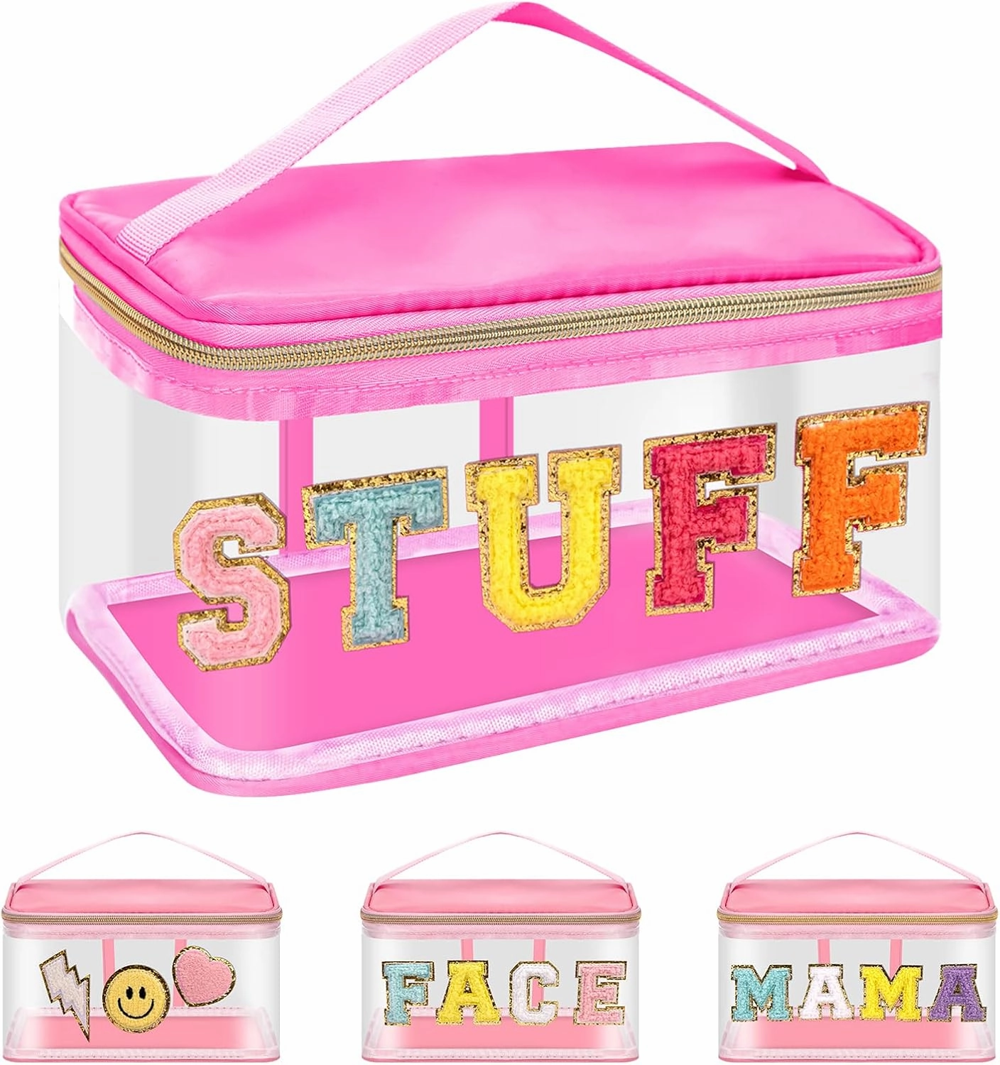 Iqimott Preppy Clear Makeup Cosmetic Bag for Women Travel, Nylon PVC Chenille Glitter Letter Toiletry Storage Tote Bag, Transparent Waterproof Organizer Zipper Pouch with Handle(Stuff, RoseRed)