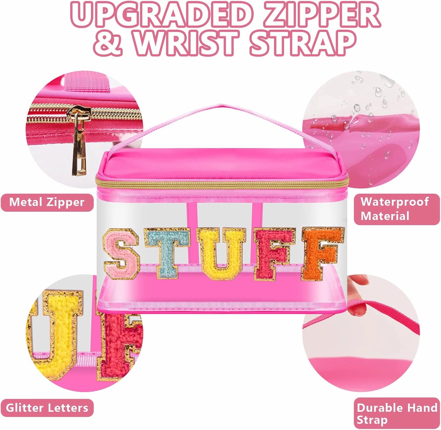 Iqimott Preppy Clear Makeup Cosmetic Bag for Women Travel, Nylon PVC Chenille Glitter Letter Toiletry Storage Tote Bag, Transparent Waterproof Organizer Zipper Pouch with Handle(Stuff, RoseRed)