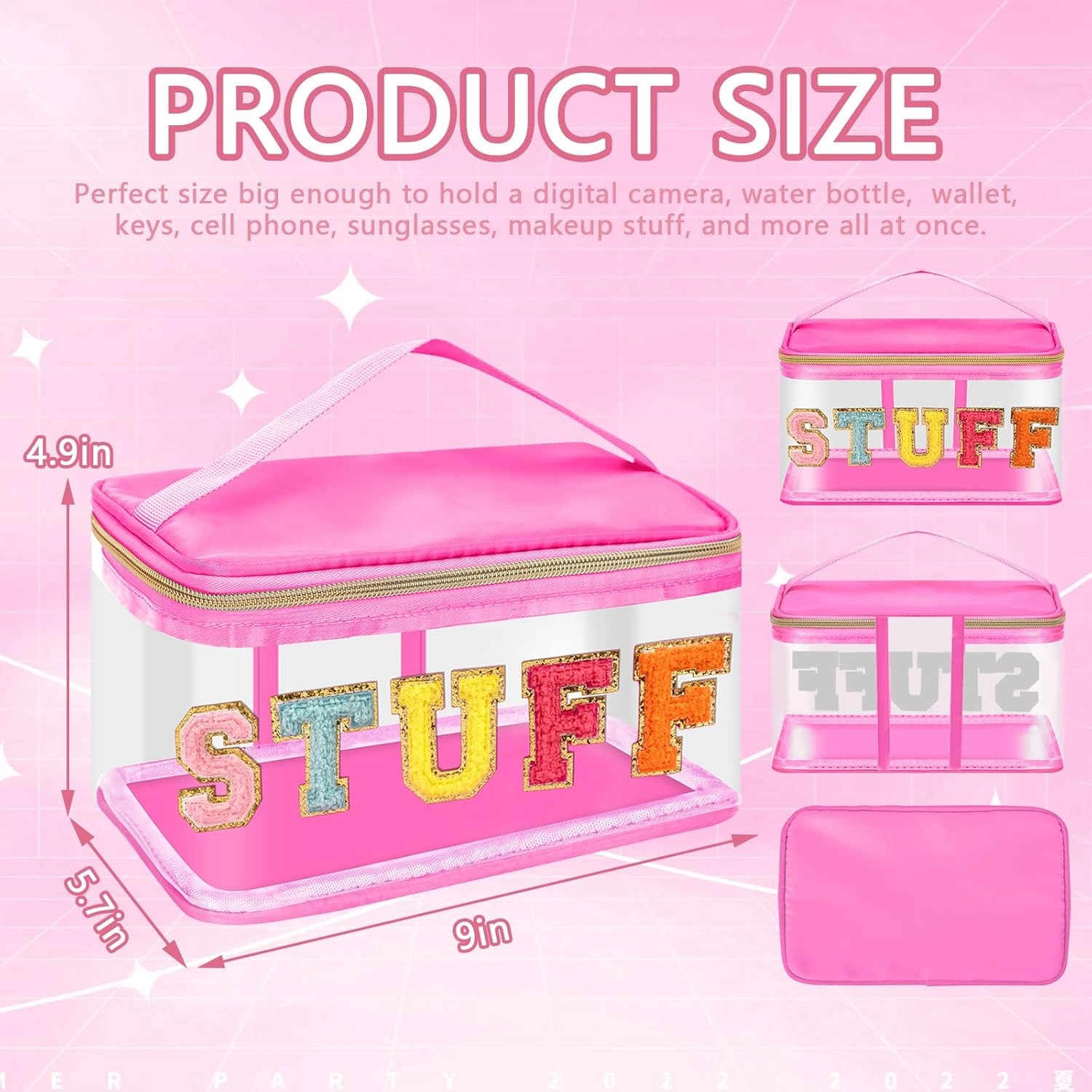 Iqimott Preppy Clear Makeup Cosmetic Bag for Women Travel, Nylon PVC Chenille Glitter Letter Toiletry Storage Tote Bag, Transparent Waterproof Organizer Zipper Pouch with Handle(Stuff, RoseRed)