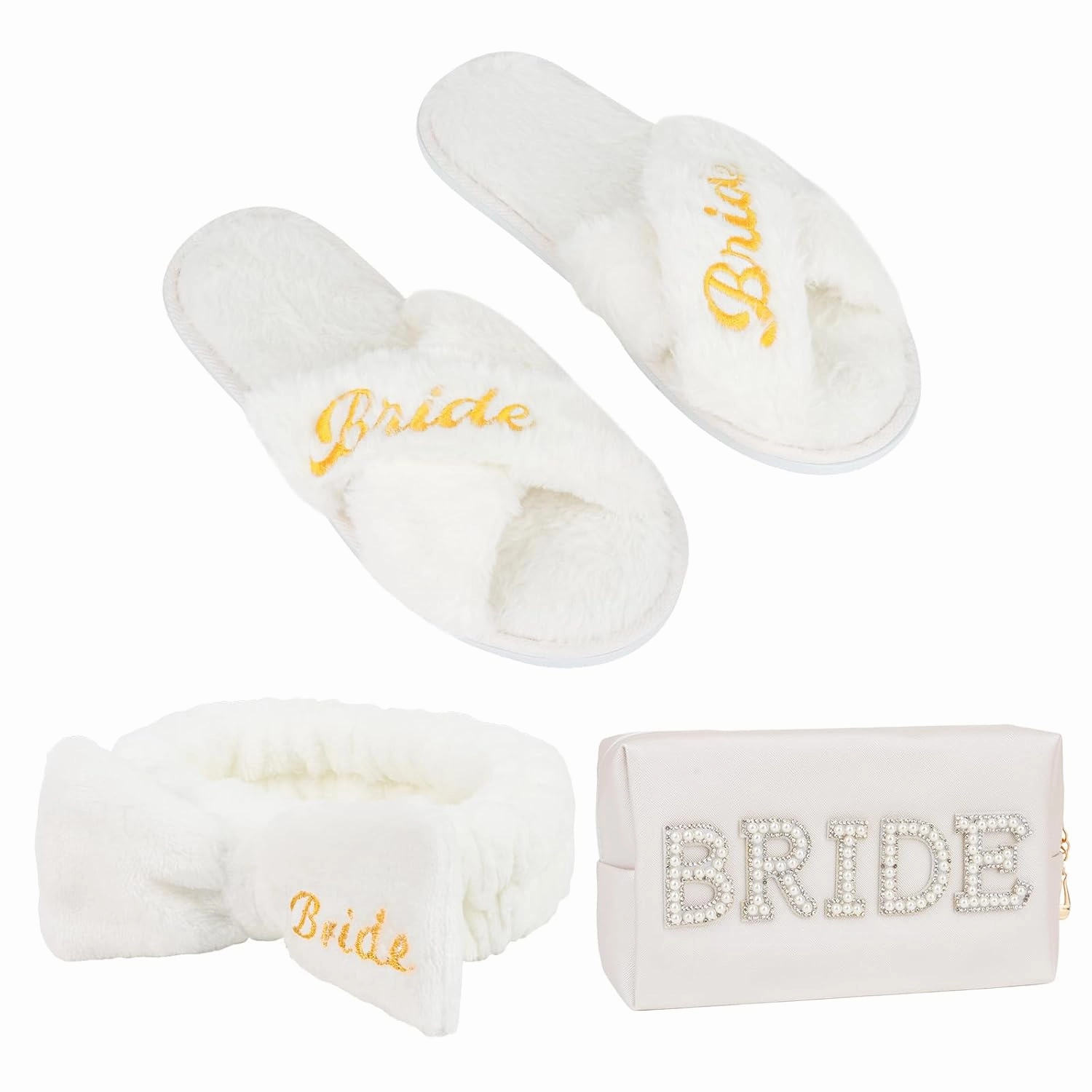 Jaciya Bride Slippers & Spa Headband Set with Makeup Bag - Wedding Day Essentials for Bridal Shower, Bachelorette Party Gifts