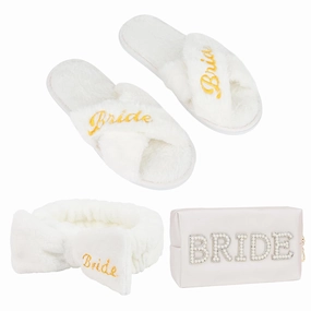 Jaciya Bride Slippers & Spa Headband Set with Makeup Bag - Wedding Day Essentials for Bridal Shower, Bachelorette Party Gifts