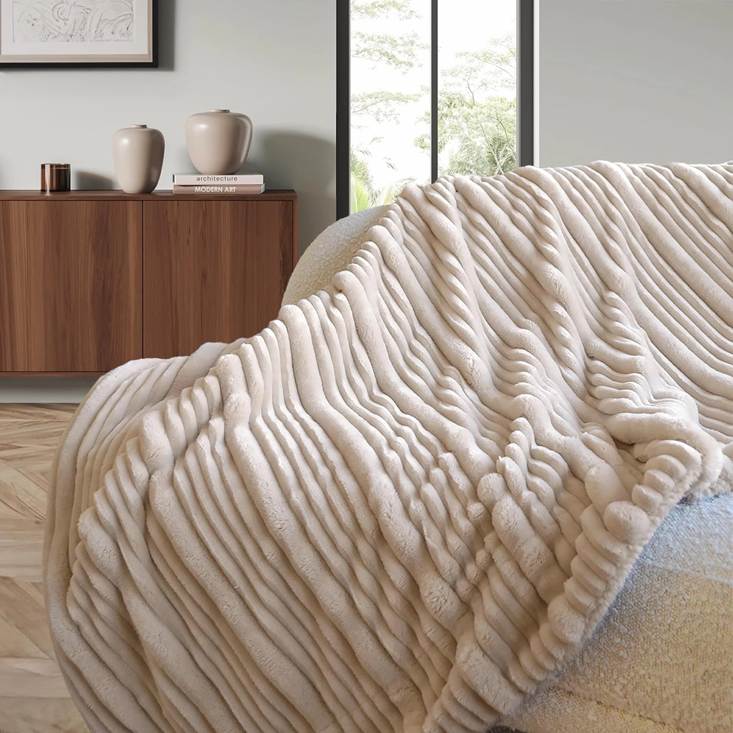 JASAV Sherpa Fleece Throw Blanket, Beige (50x60 Inches) - Soft, Plush, Cozy, Lightweight and Warm Blanket for Couch, Bed, Sofa, and Travel