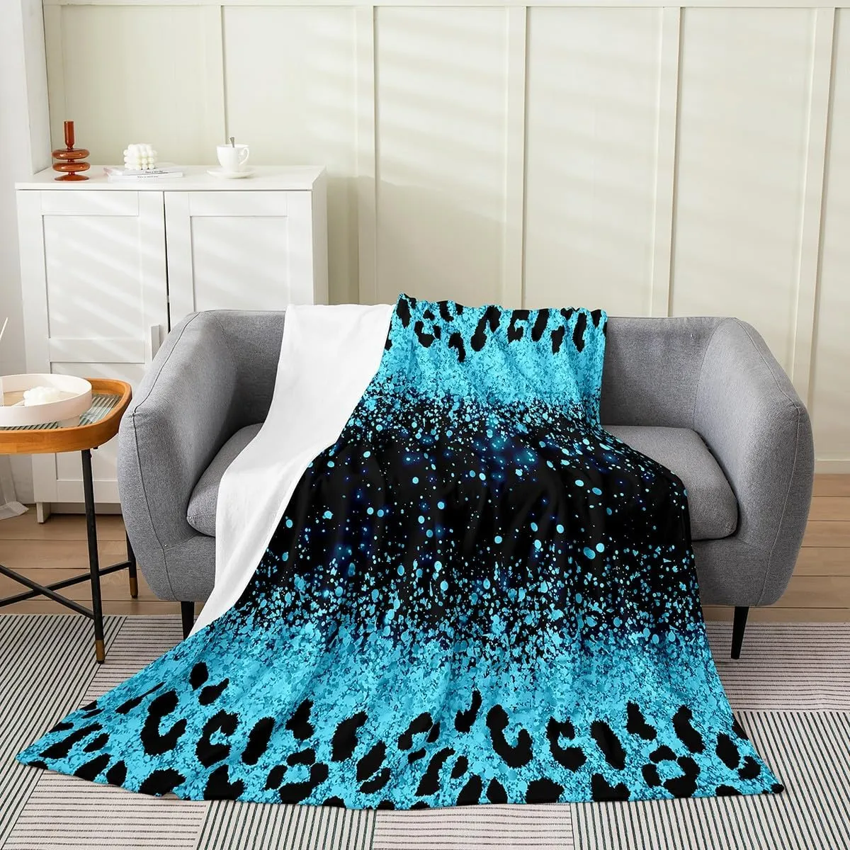 jejeloiu Leopard Glitter Print Plush Blanket Queen 90"x90" for Ombre Blue (Not Glitter) Flannel Fleece Throw Blanket Glitter Leopard Fuzzy Blanket Glam Glitter Art Prints All Season Bed Blanket Soft